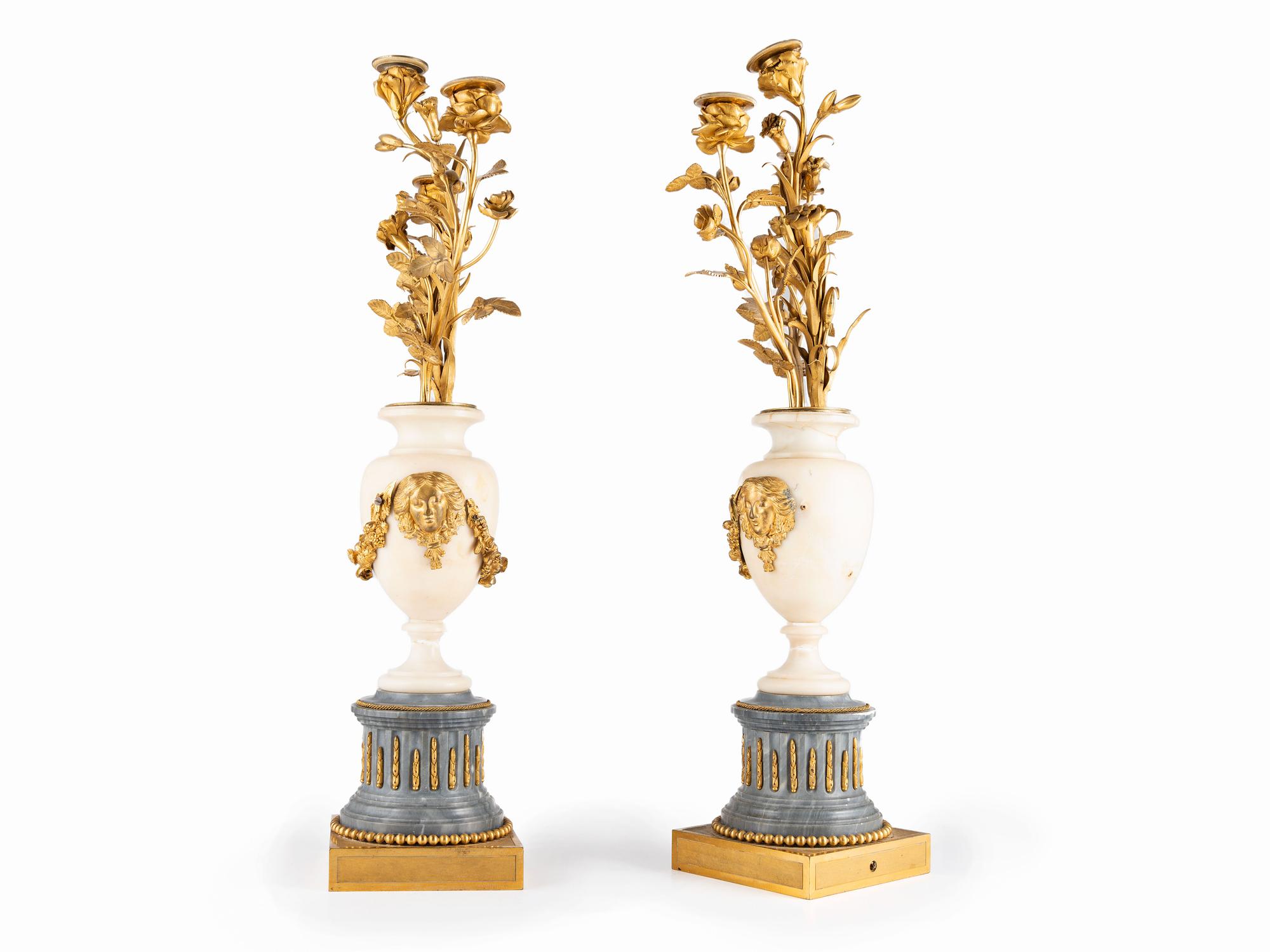 A Pair of French Gilt Bronze and Marble Candelabra