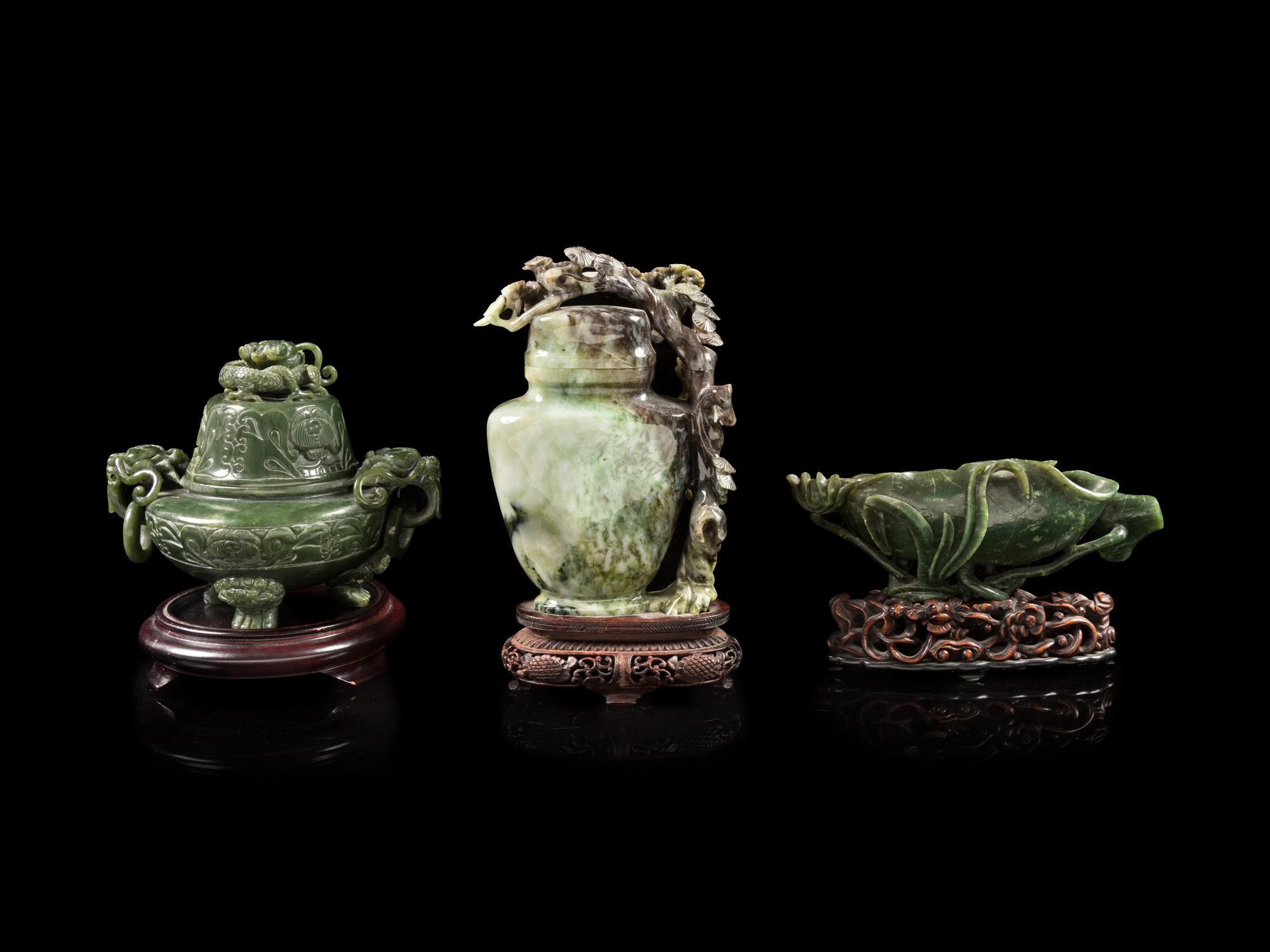 Three Chinese Carved Green Jade and Jadeite Articles