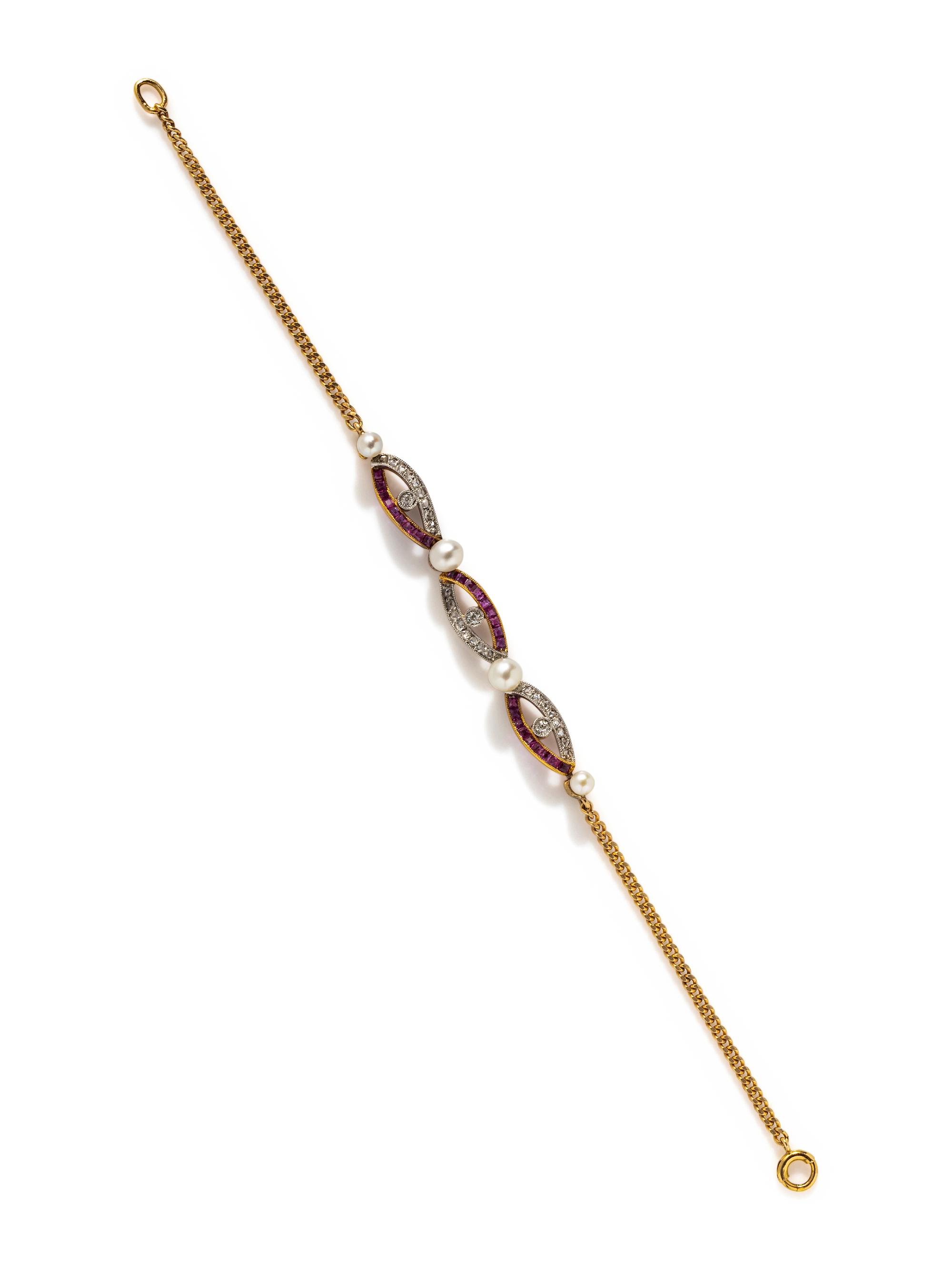 EDWARDIAN, DIAMOND, RUBY AND CULTURED PEARL BRACELET