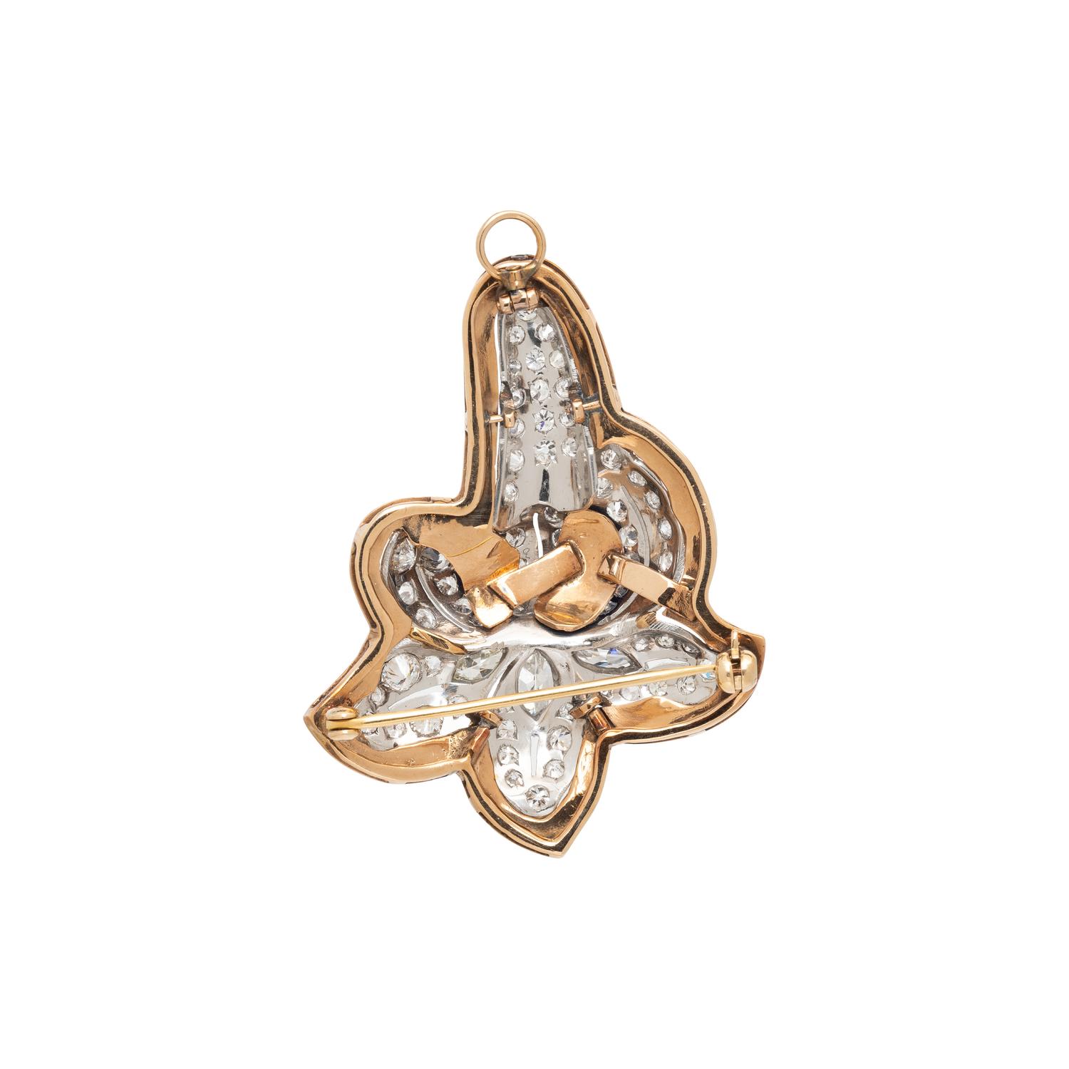 DIAMOND, PLATINUM, YELLOW GOLD, AND ENAMEL FLOWER BROOCH PENDANT