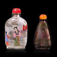 Two Inside Painted Snuff Bottles 玻璃 內畫人物圖鼻煙壺兩支