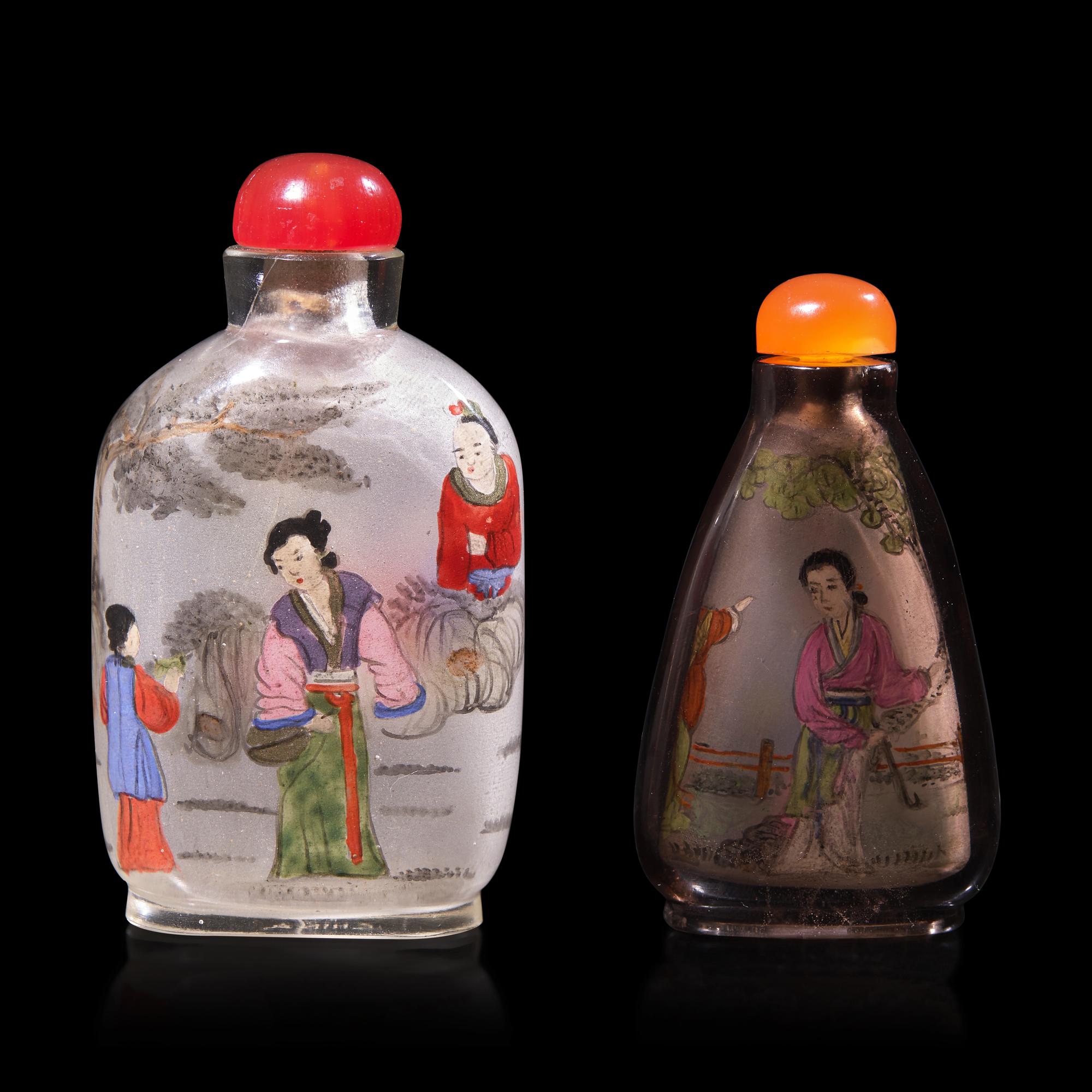 Two Inside Painted Snuff Bottles 玻璃 內畫人物圖鼻煙壺兩支
