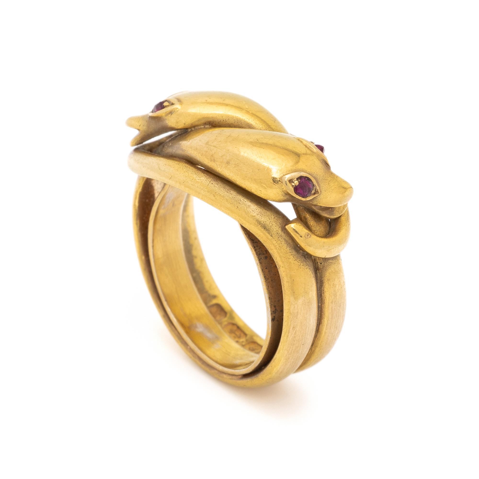BRITISH, YELLOW GOLD AND RUBY SNAKE RING