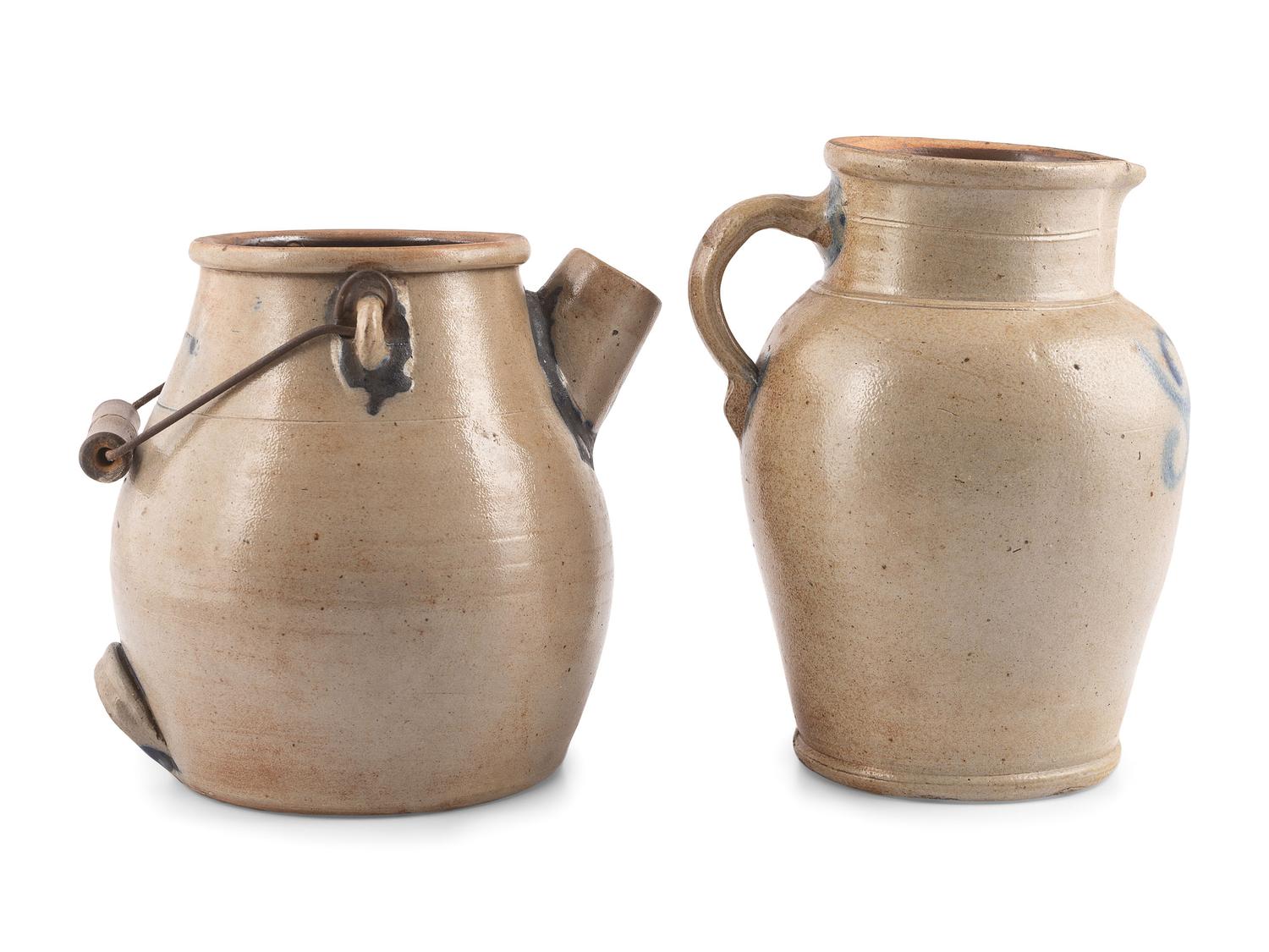 A Cobalt Decorated Stoneware Batter Jug and Pitcher