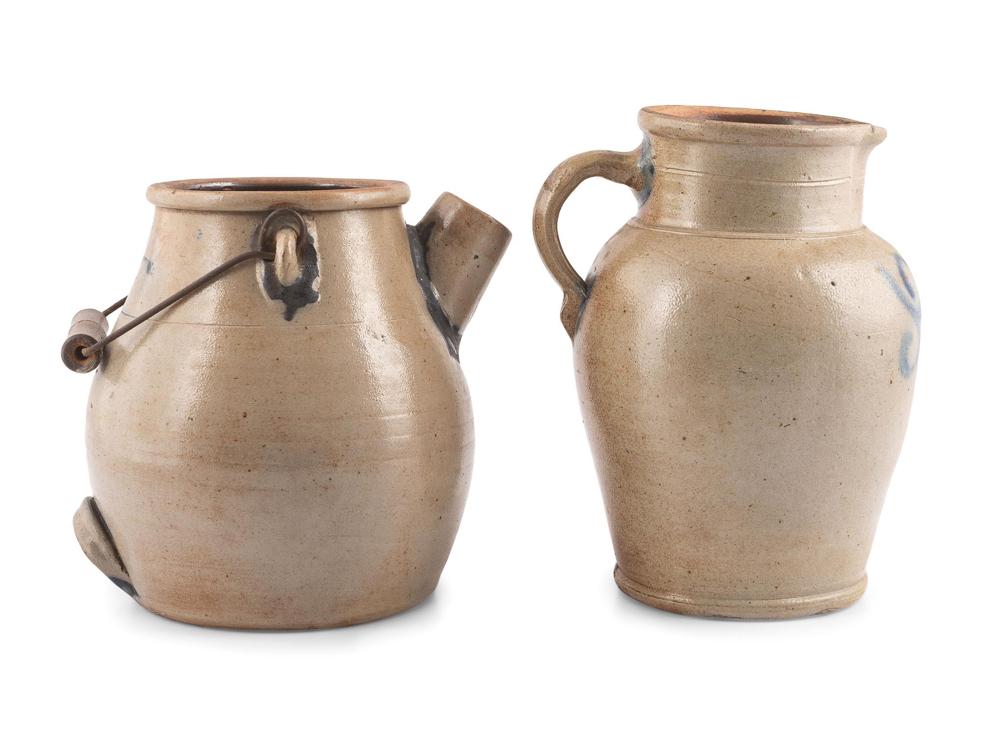 A Cobalt Decorated Stoneware Batter Jug and Pitcher