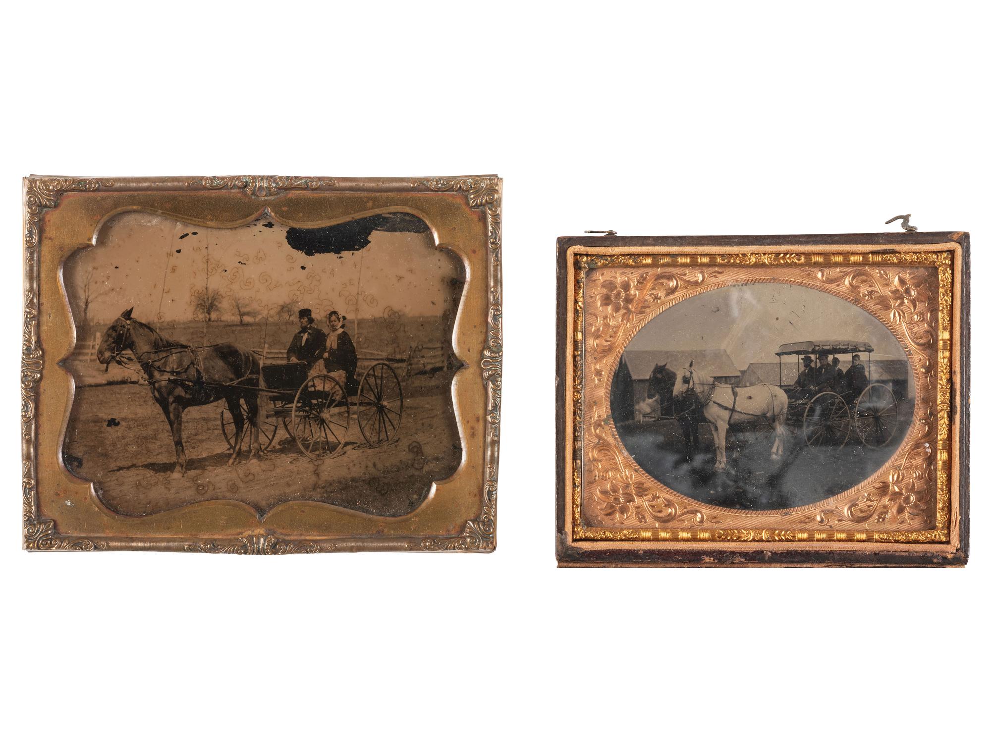 [EARLY PHOTOGRAPHY]. Two tintypes of horse-drawn carriages.