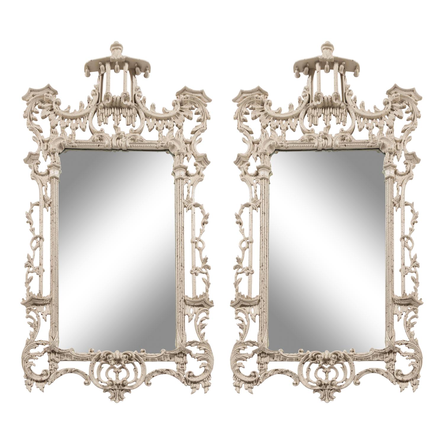 A Pair of Chinese Chippendale Style White-Painted Pier Mirrors