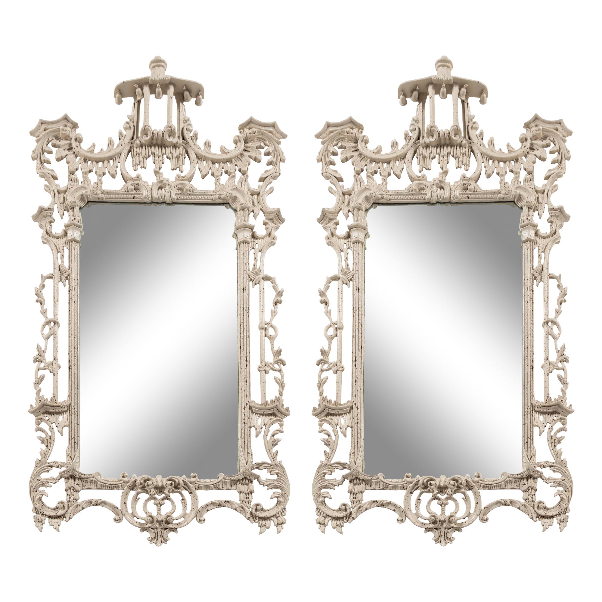 A Pair of Chinese Chippendale Style White-Painted Pier Mirrors
