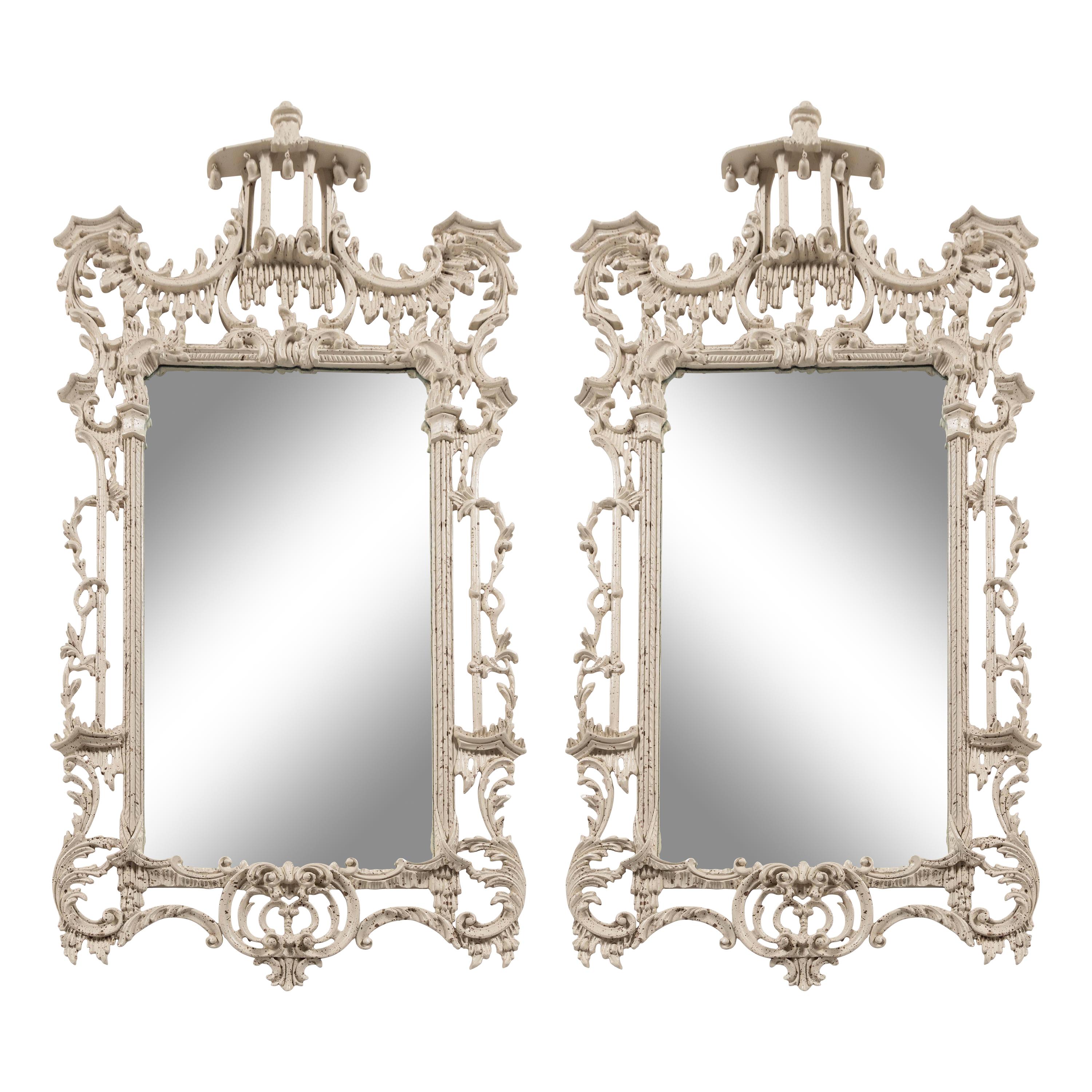 A Pair of Chinese Chippendale Style White-Painted Pier Mirrors