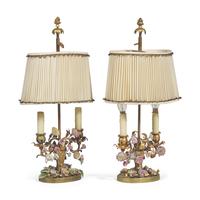 A Pair of French Gilt Bronze and Porcelain Floral Boudoir Lamps