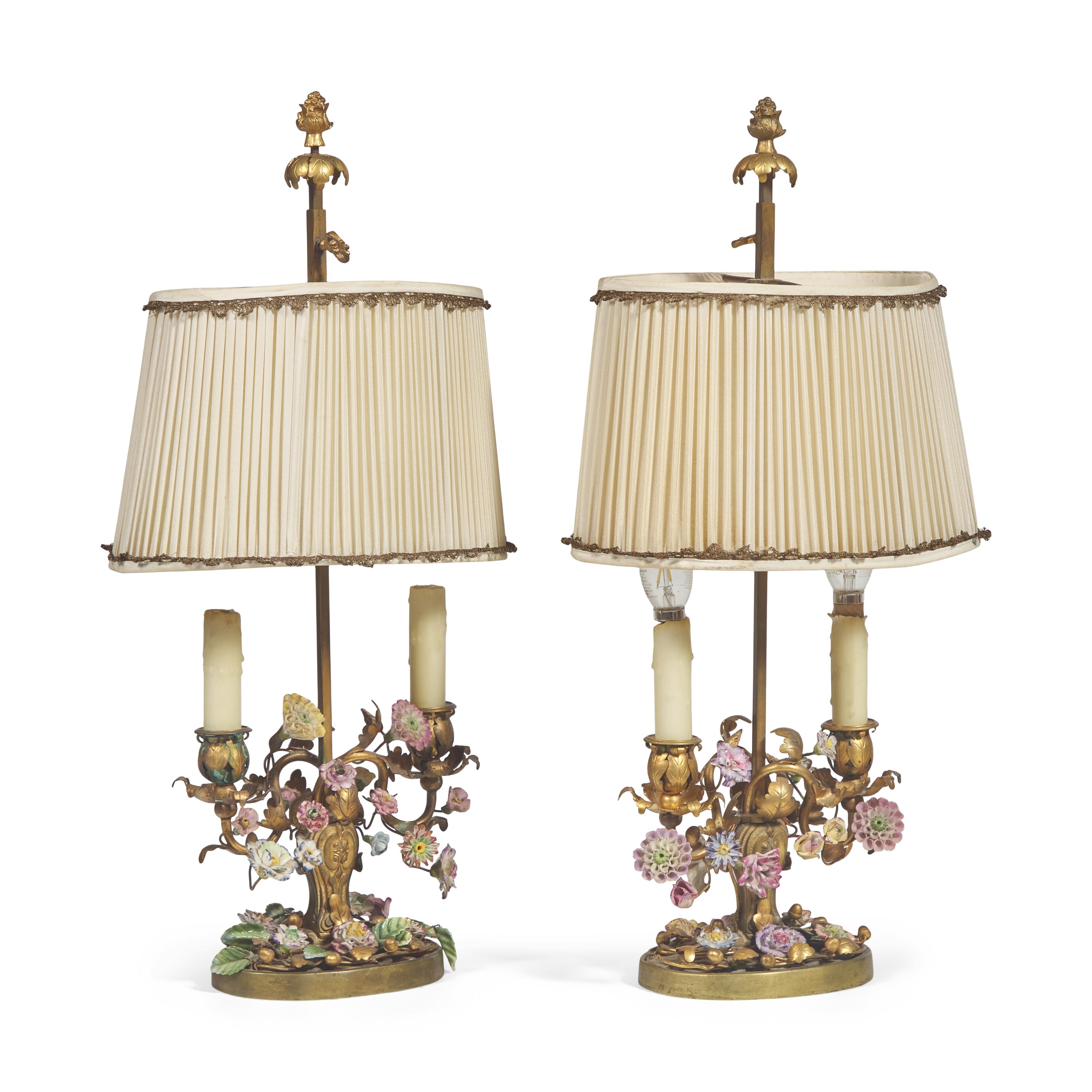 A Pair of French Gilt Bronze and Porcelain Floral Boudoir Lamps