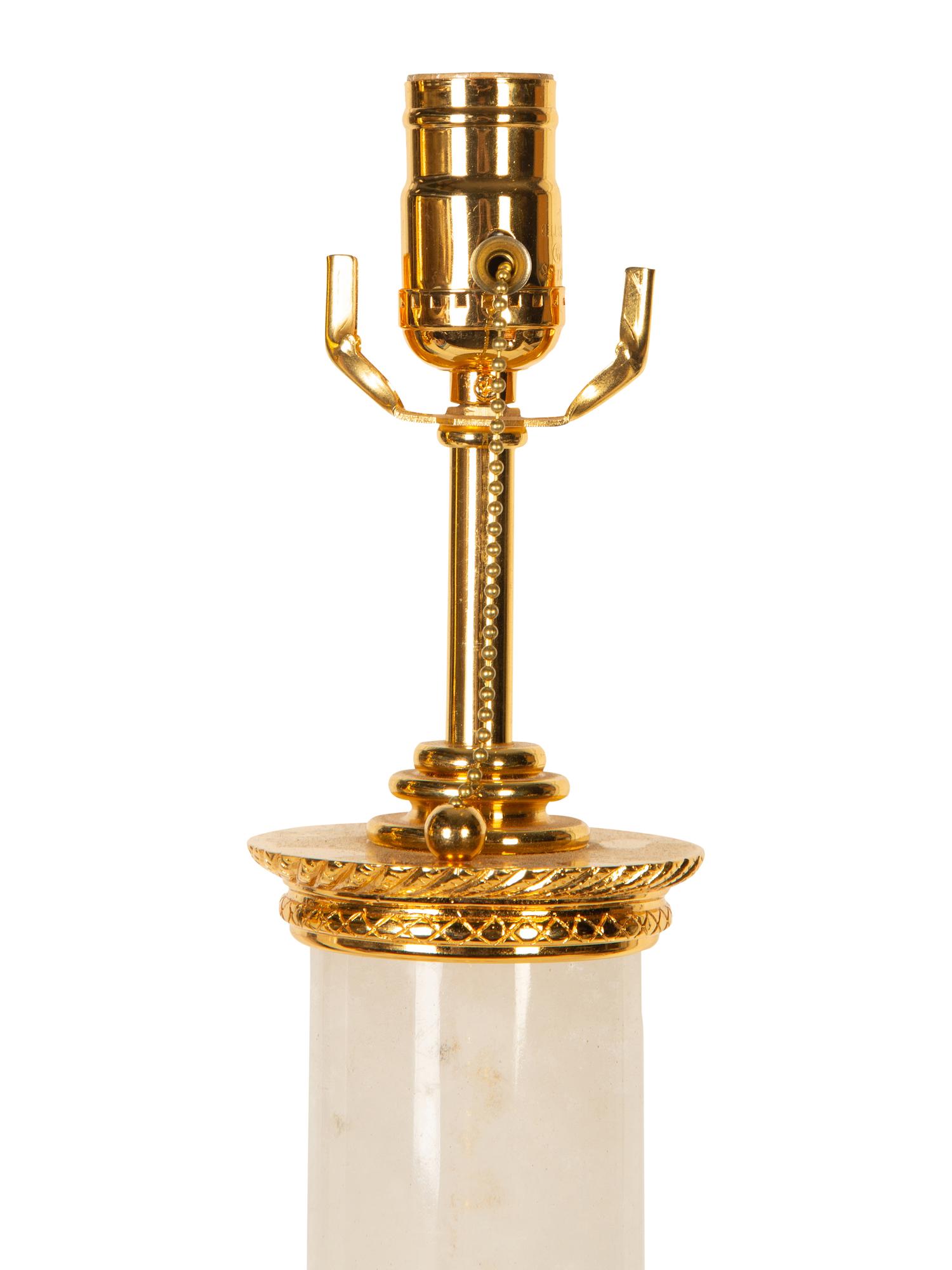A Pair of Gilt Metal Mounted Rock Crystal Column Table Lamps