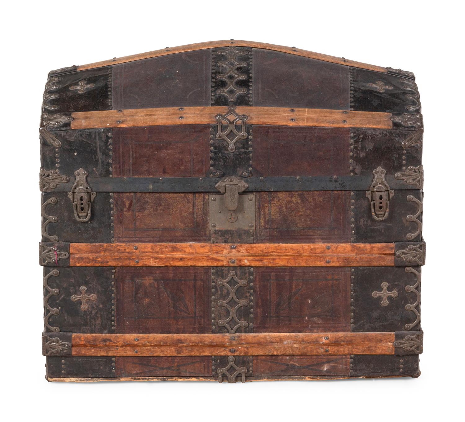 A Brass and Iron Mounted Wood Domed Top Blanket Chest