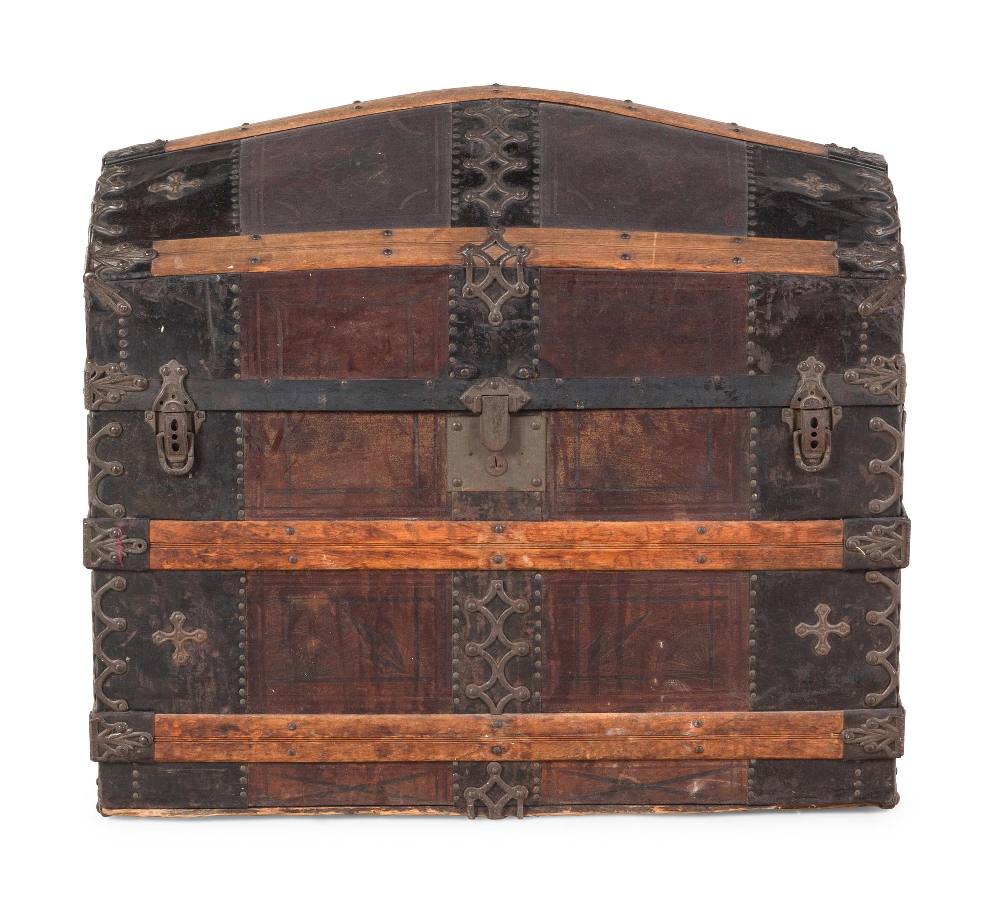 A Brass and Iron Mounted Wood Domed Top Blanket Chest