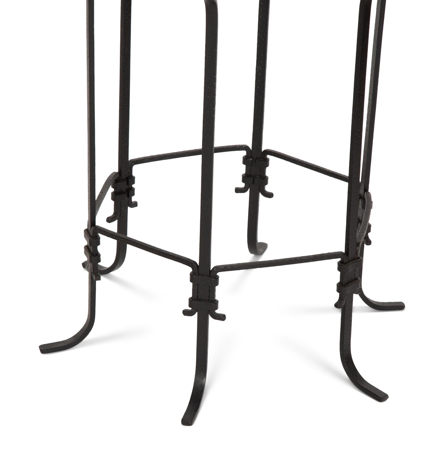 A Mirror and Brass Low Table and Associated Blue Glass and Wrought Iron Occasional Table
