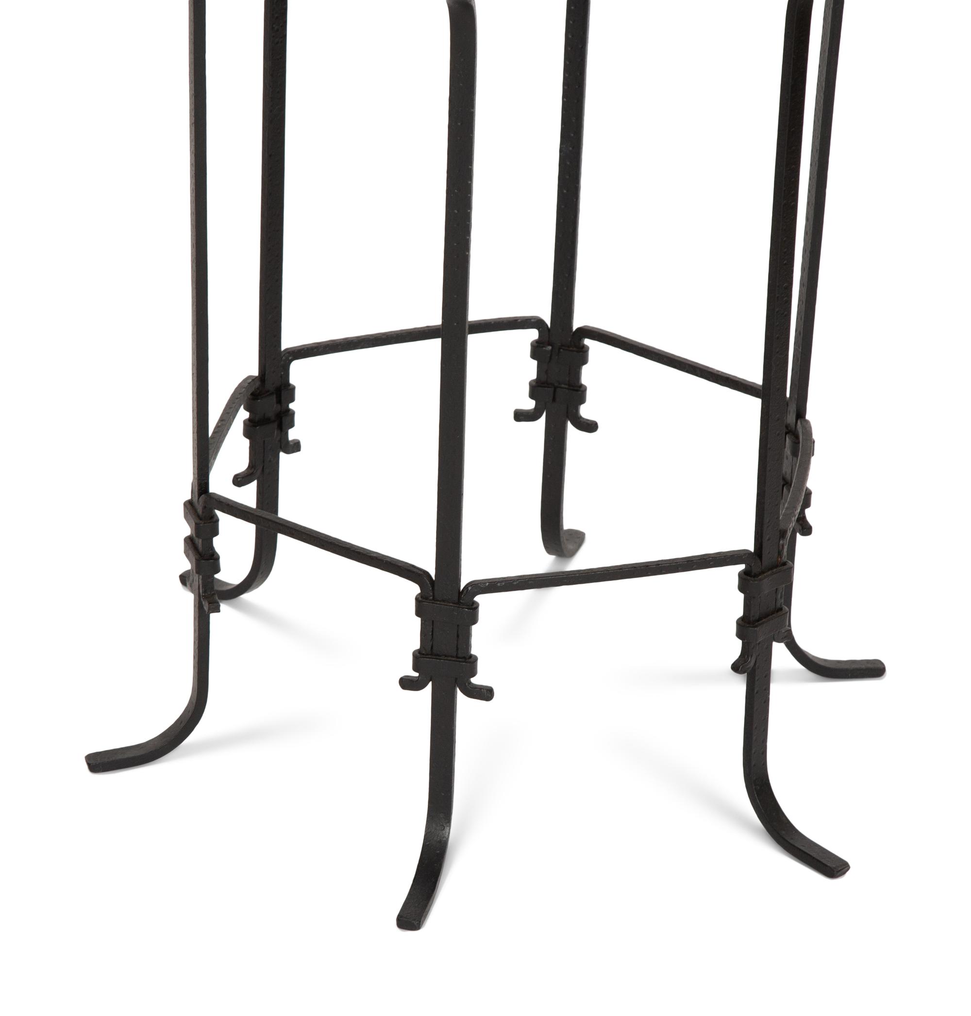 A Mirror and Brass Low Table and Associated Blue Glass and Wrought Iron Occasional Table
