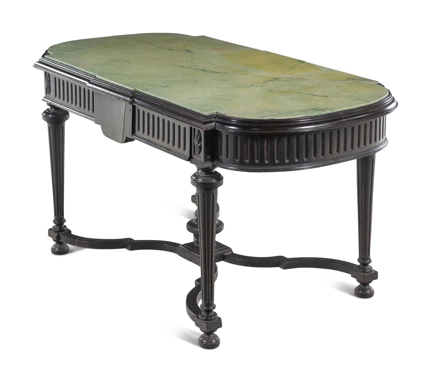 A Napoleon III Style Faux Marble-Top Ebonized Center Table