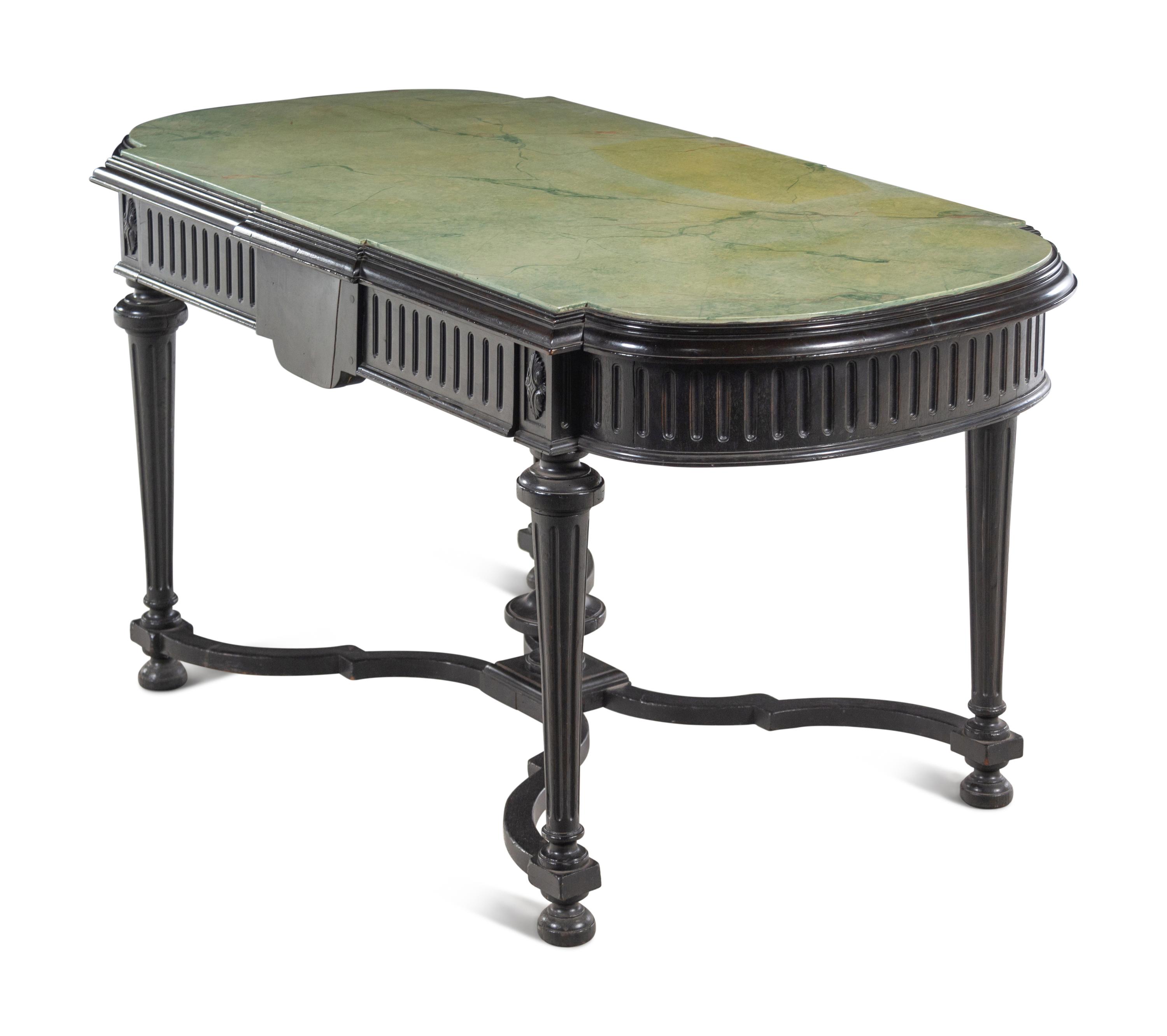 A Napoleon III Style Faux Marble-Top Ebonized Center Table