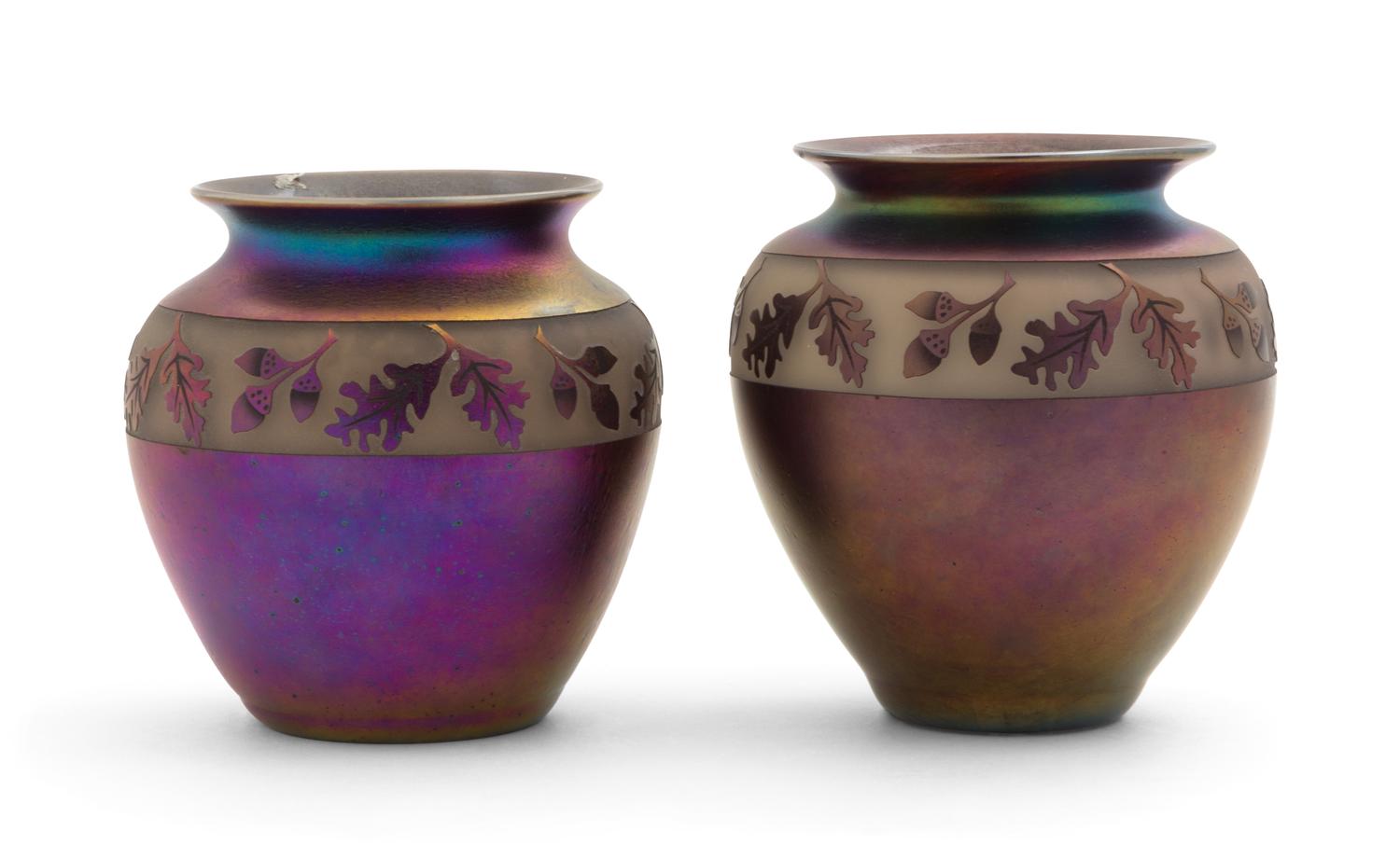 A Pair of American Cameo Glass Vases, Zelique Studio Height 4 3/4 inches.