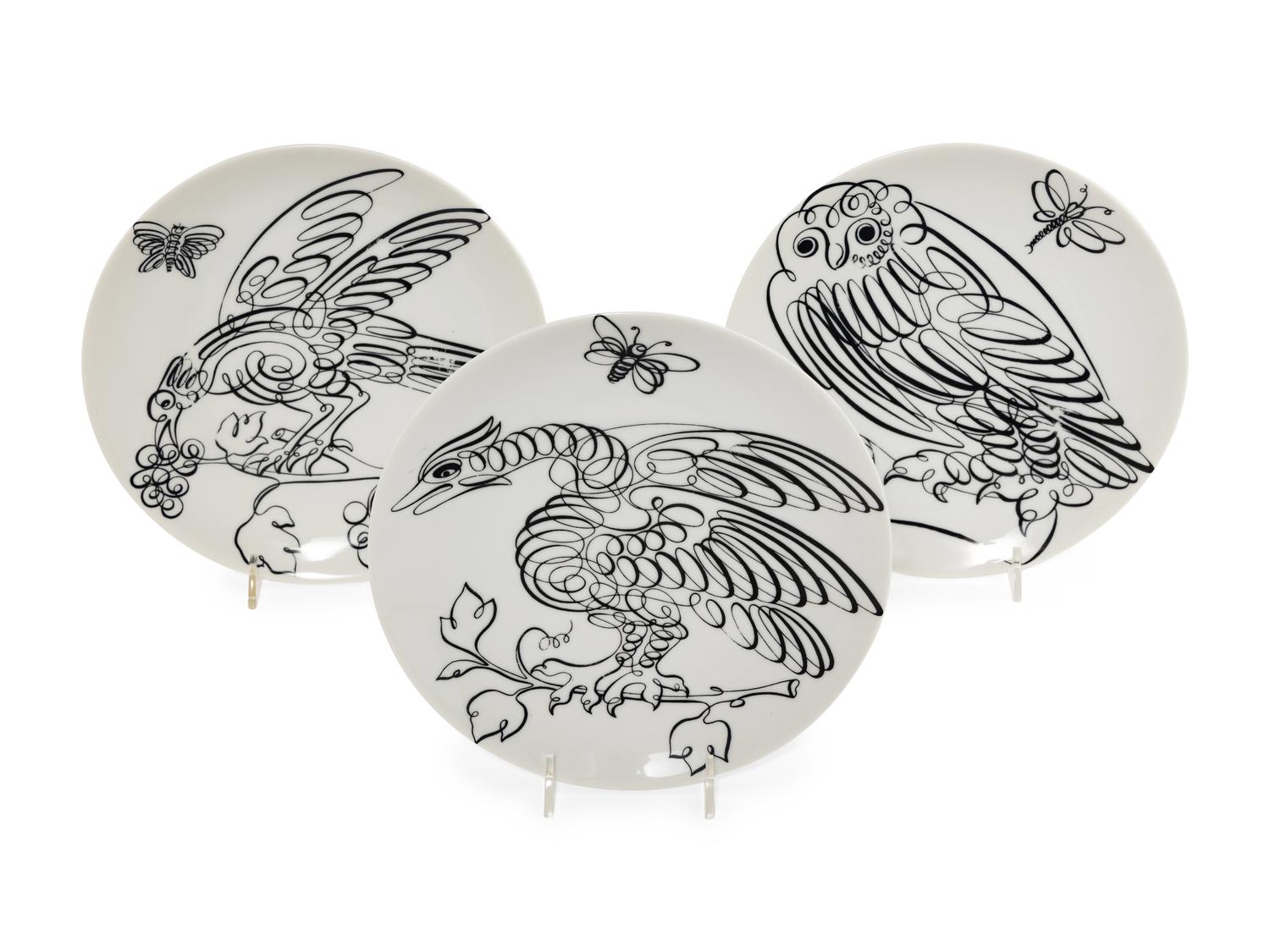 A Set of Eight Piero Fornasetti Uccelli Calligrafici Salad Plates