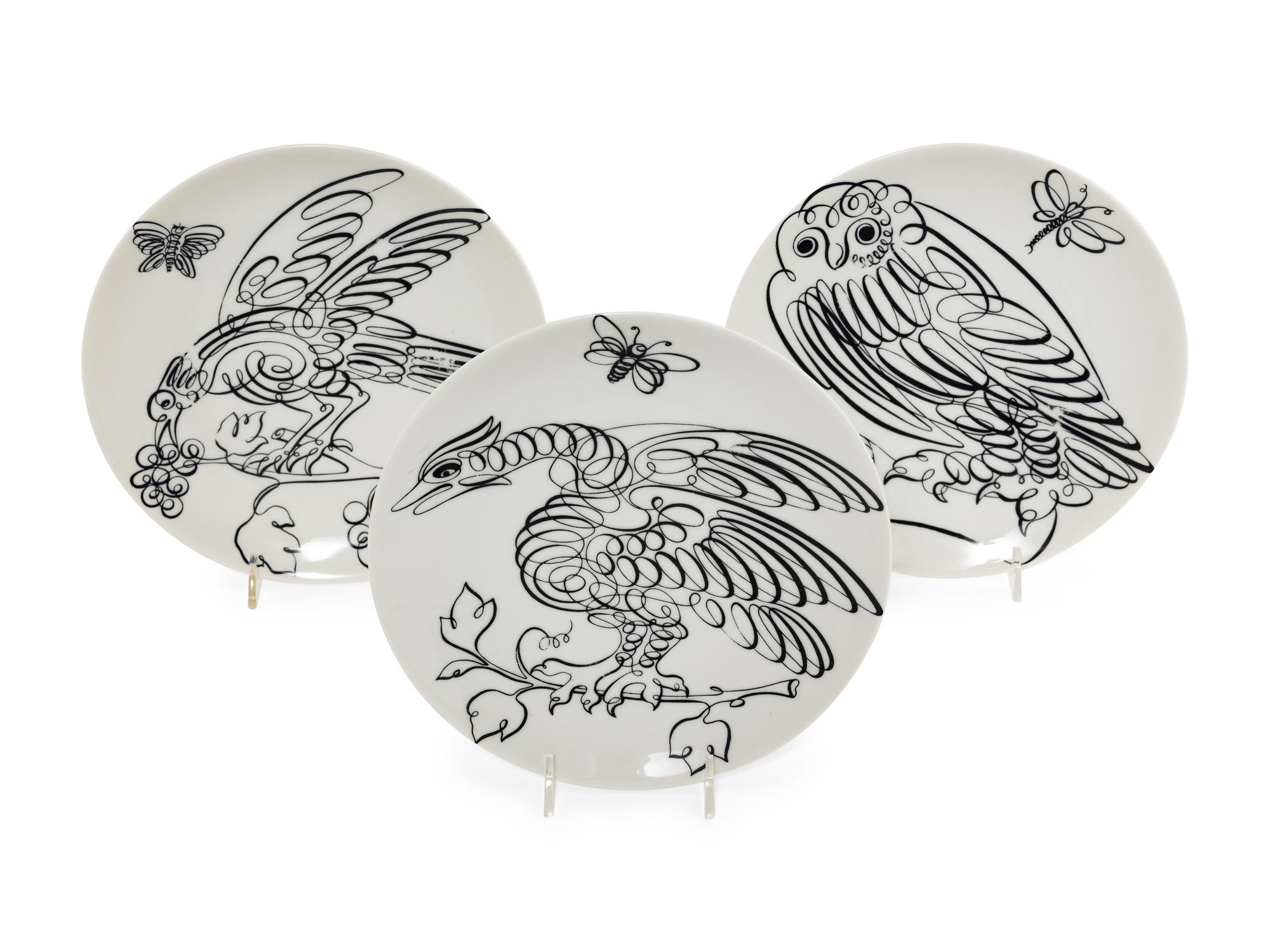 A Set of Eight Piero Fornasetti Uccelli Calligrafici Salad Plates