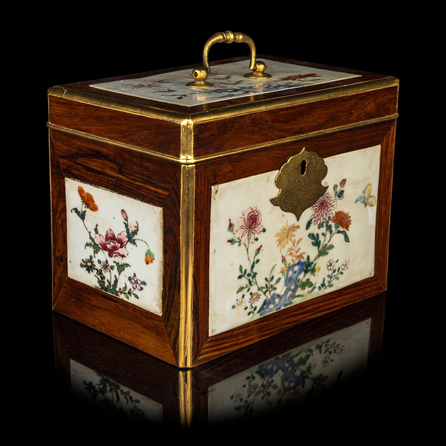 A Chinese Export Famille Rose Porcelain Inset Huali Wood Tea Caddy