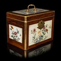 A Chinese Export Famille Rose Porcelain Inset Huali Wood Tea Caddy