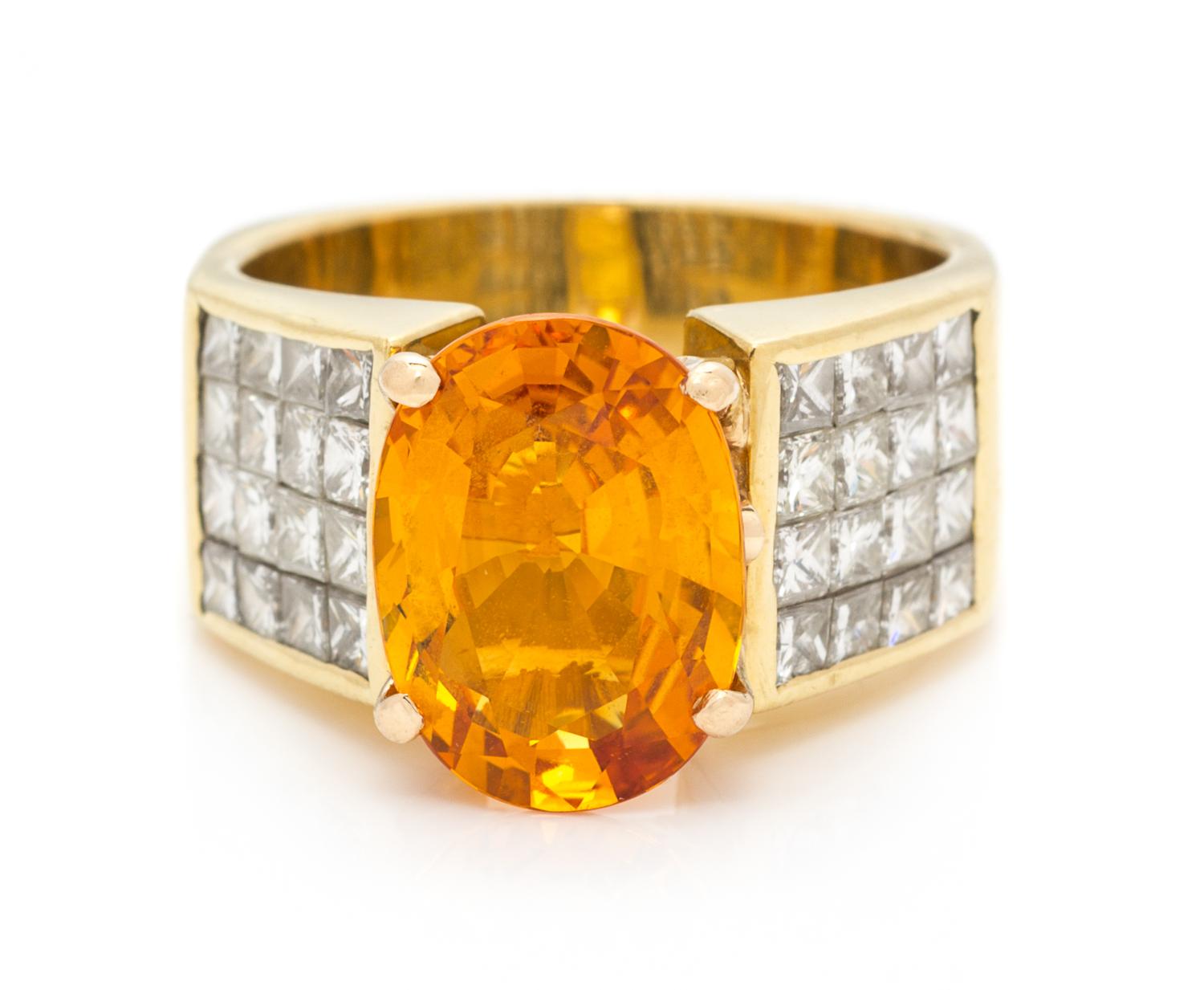A Yellow Gold, Orange Sapphire, and Diamond Ring, 9.10 dwts.