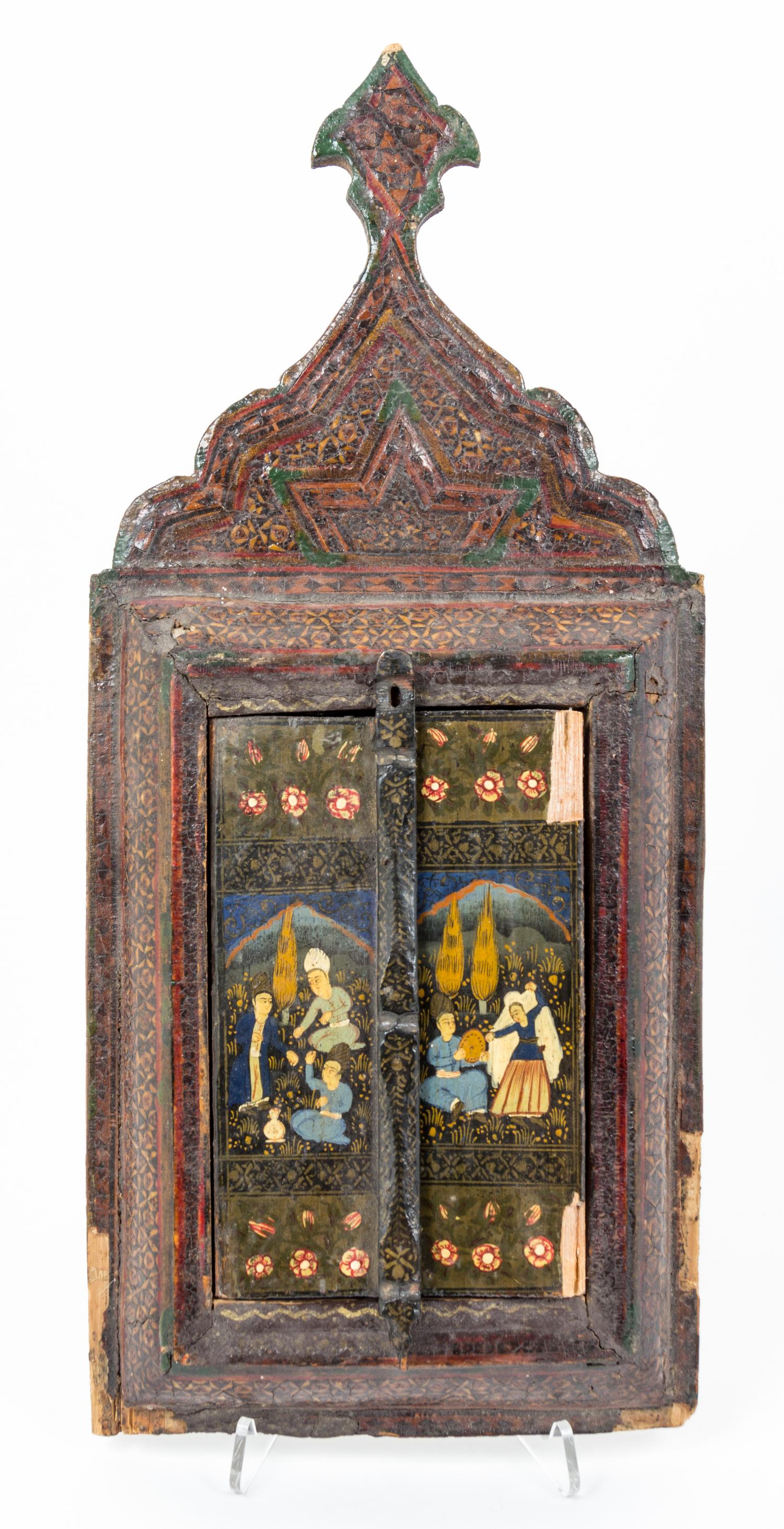 A Persian Polychrome Wedding Mirror Height 19 3/4 inches.