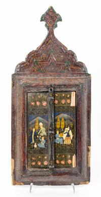 A Persian Polychrome Wedding Mirror Height 19 3/4 inches.