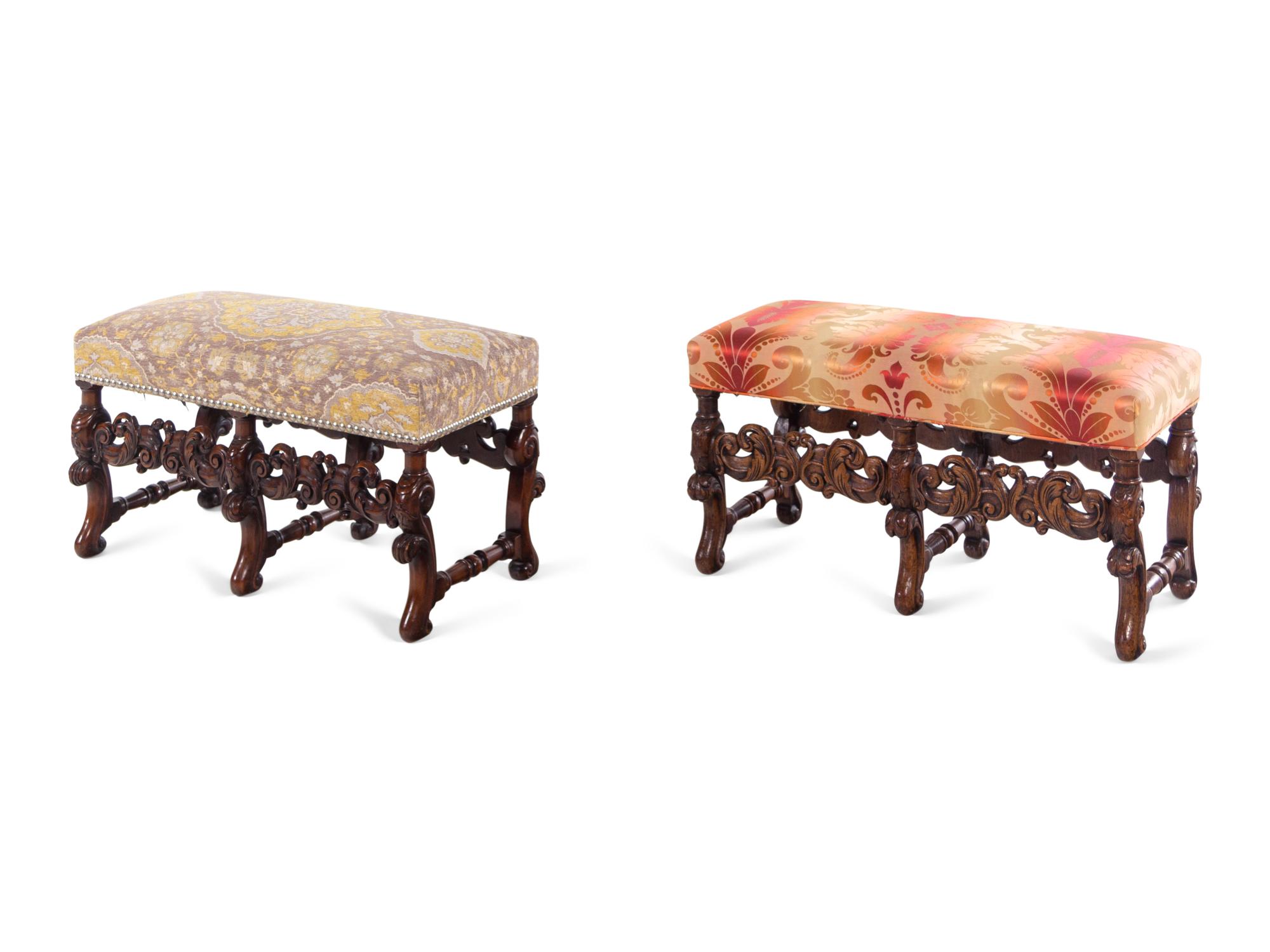 A Pair of William and Mary Style Carved Walnut Benches