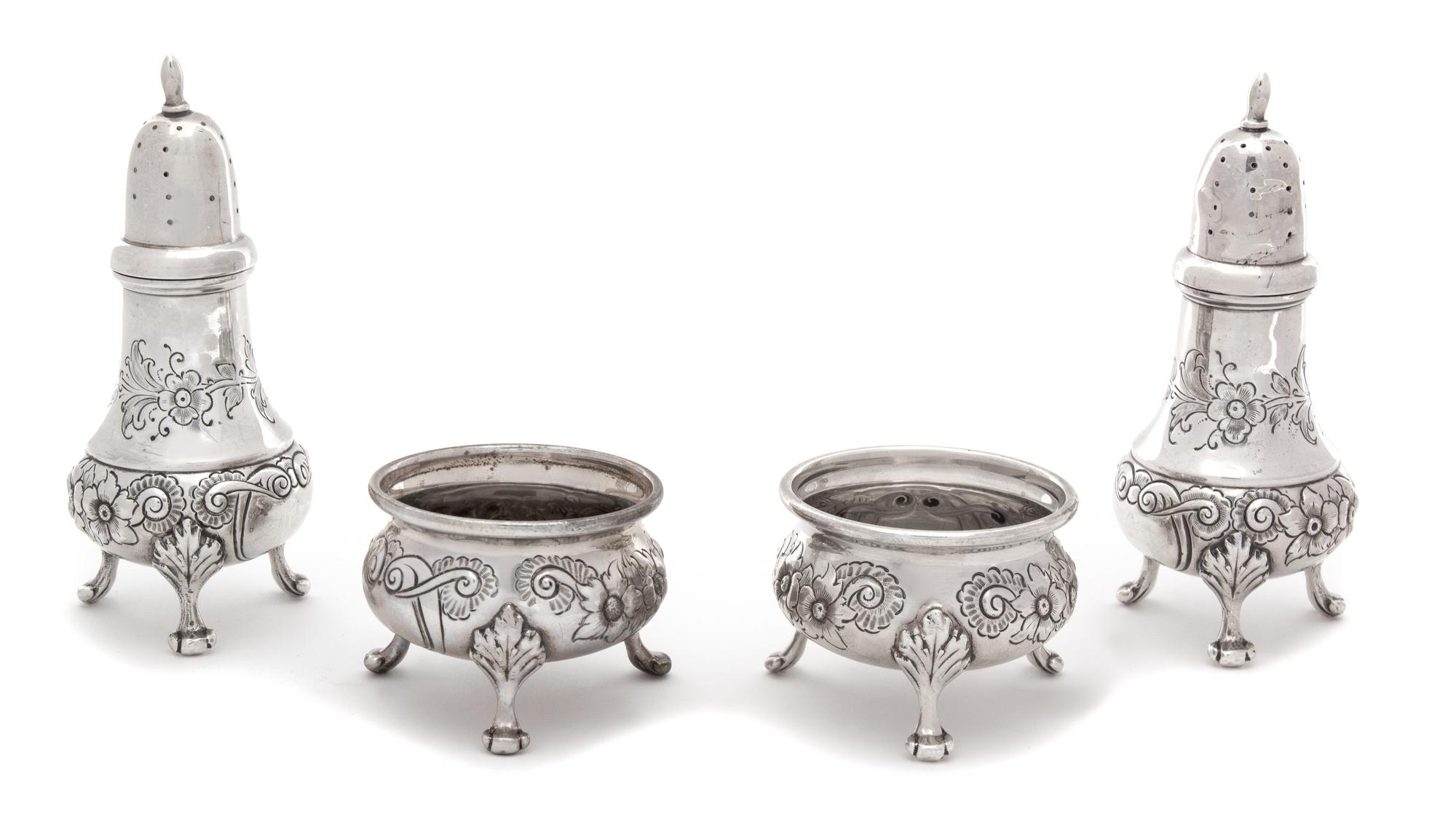 Two Pairs of American Silver Standing Peppers and Footed Salts, Reed & Barton,