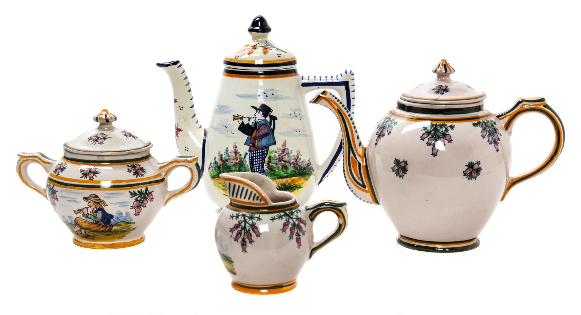 A Group of Four Quimper Tea Articles Height of coffee pot 8 1/2 inches.