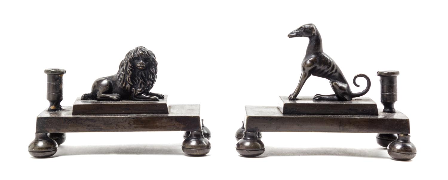 A Pair of Continental Bronze Candle Holders Height 3 3/4 x width 5 3/8 inches. — 19TH CENTURY