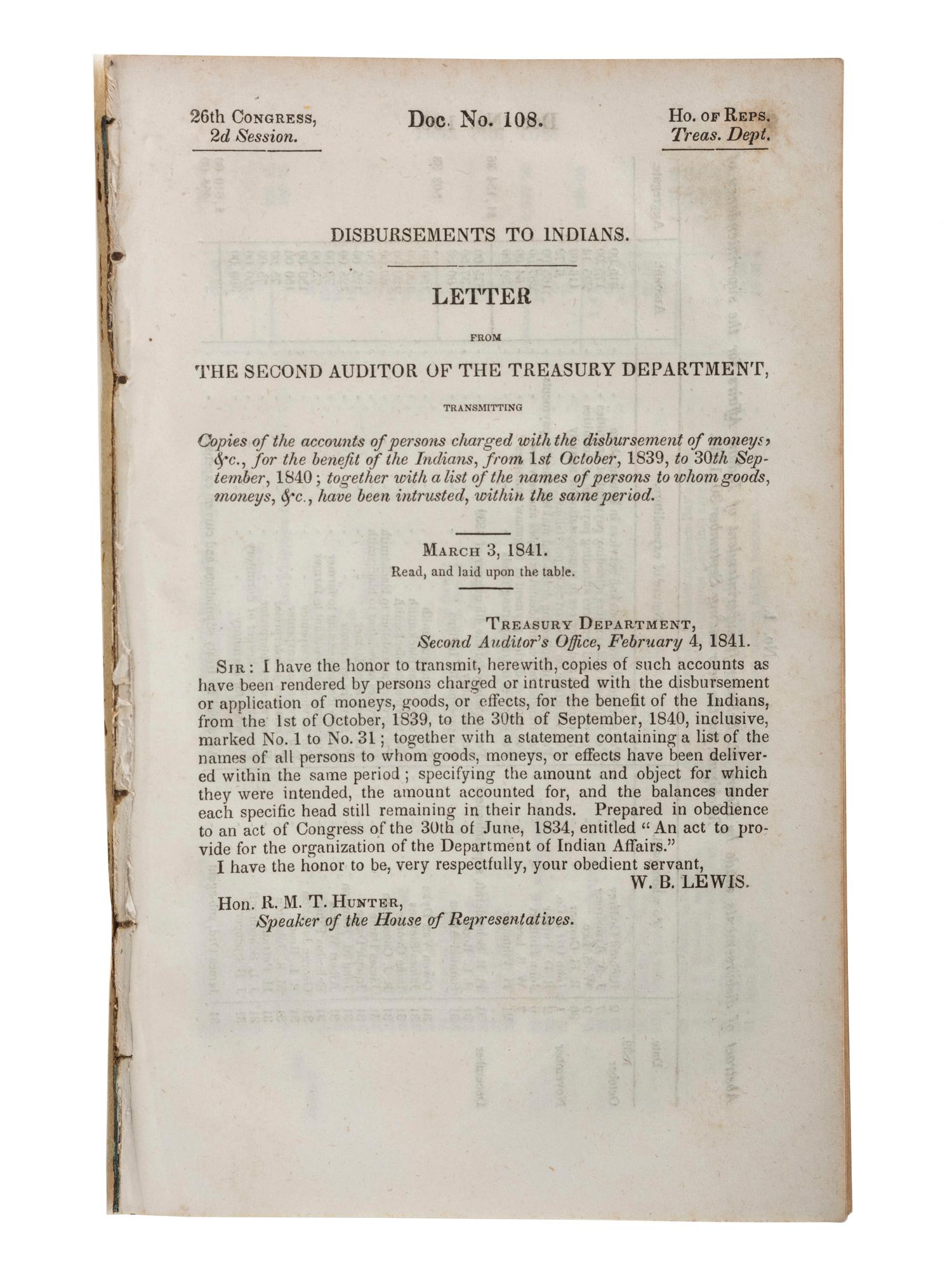 [NATIVE AMERICANS]. A group of 4 items related to Indian Department Finances.
