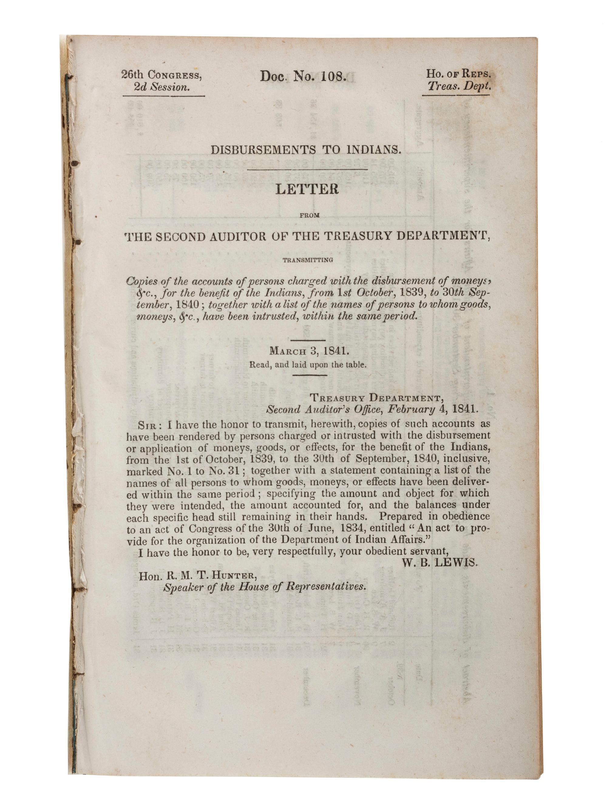 [NATIVE AMERICANS]. A group of 4 items related to Indian Department Finances.