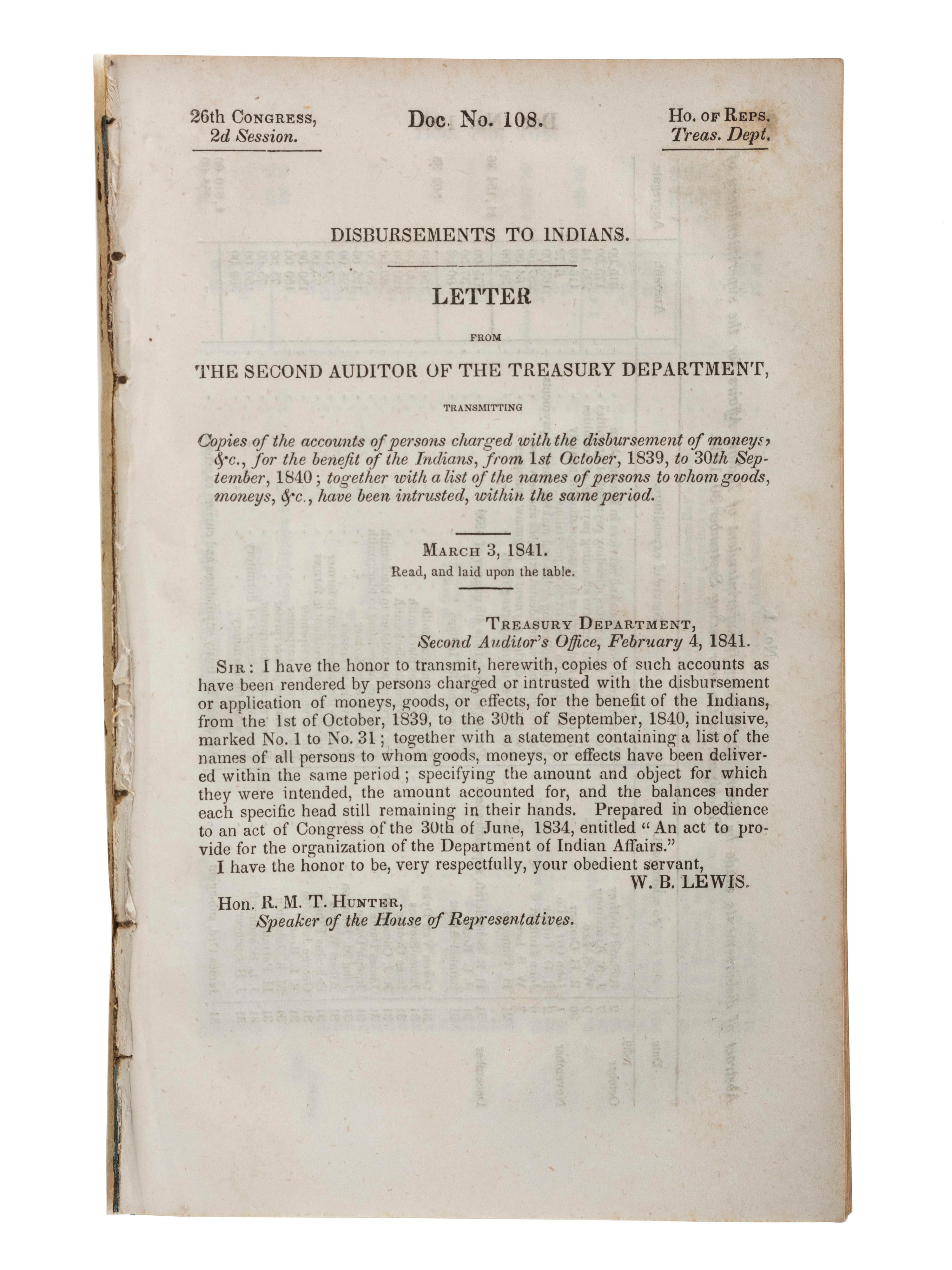 [NATIVE AMERICANS]. A group of 4 items related to Indian Department Finances.