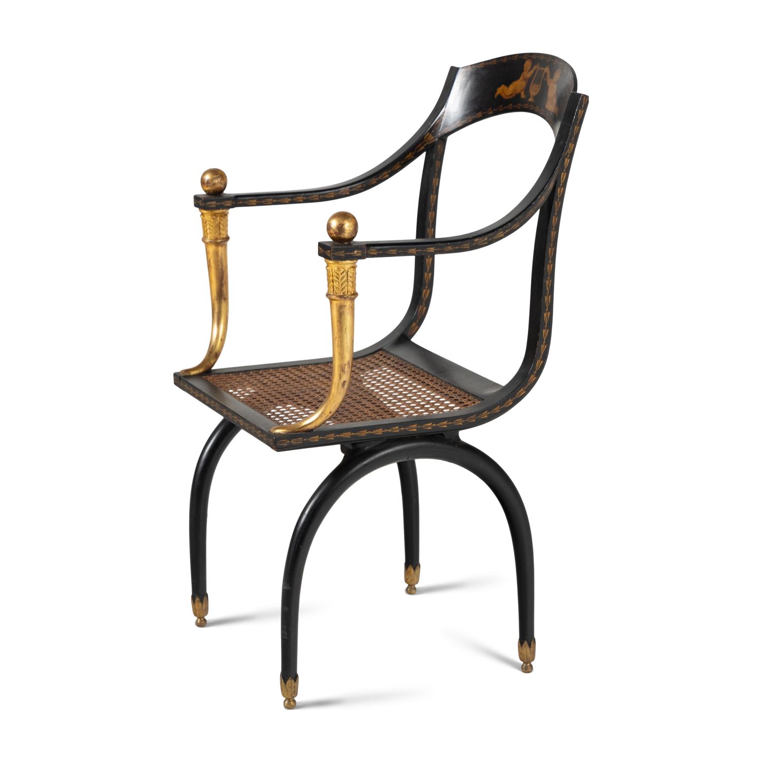 A Consulat Painted, Parcel Gilt and Ebonized Fauteuil