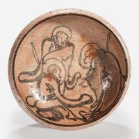 A Japanese iron-brown decorated small stoneware dish Signed "Kenzan"