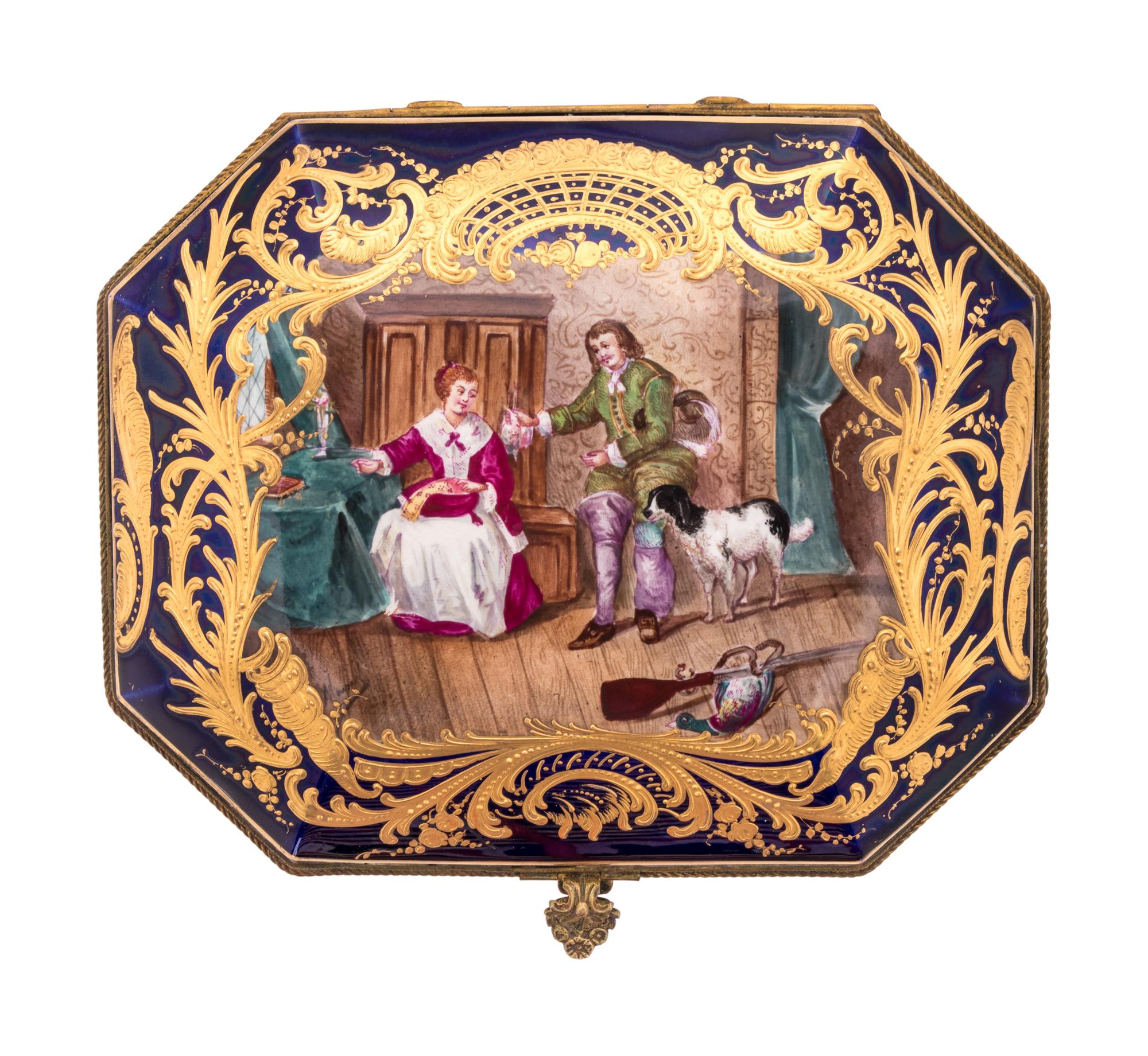 A Sèvres Style Gilt Metal Mounted, Painted and Parcel Gilt Porcelain Table Casket