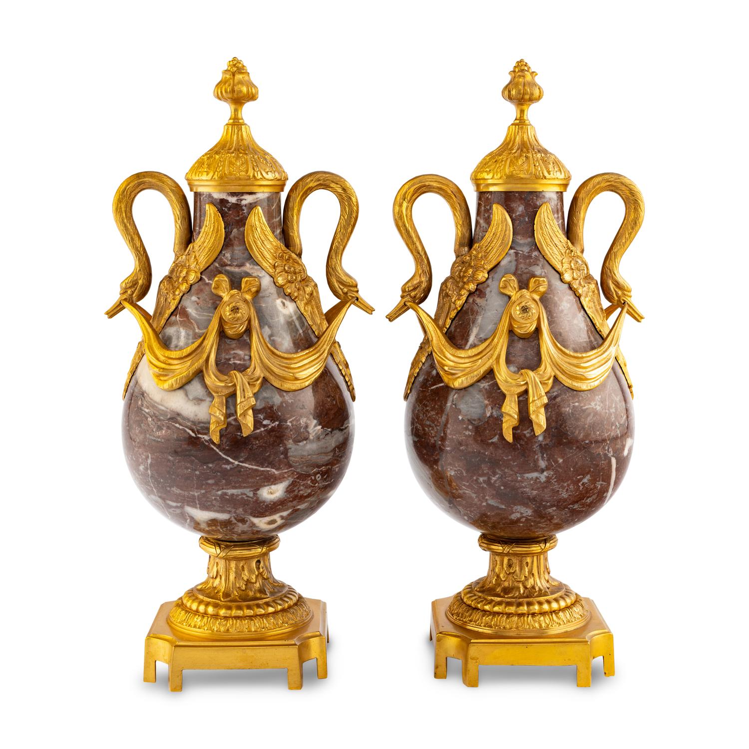 A Pair of Louis XVI Style Gilt Bronze Mounted Marble Urns