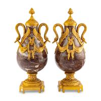 A Pair of Louis XVI Style Gilt Bronze Mounted Marble Urns