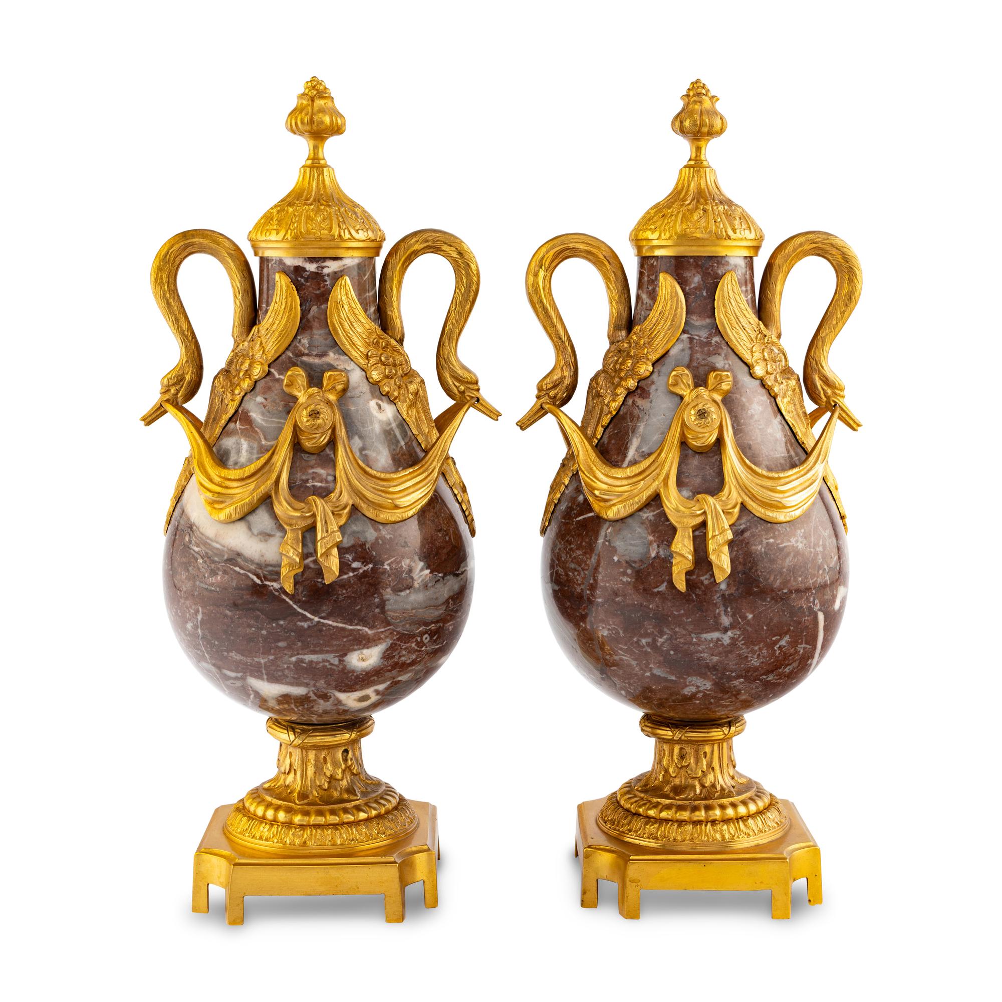 A Pair of Louis XVI Style Gilt Bronze Mounted Marble Urns