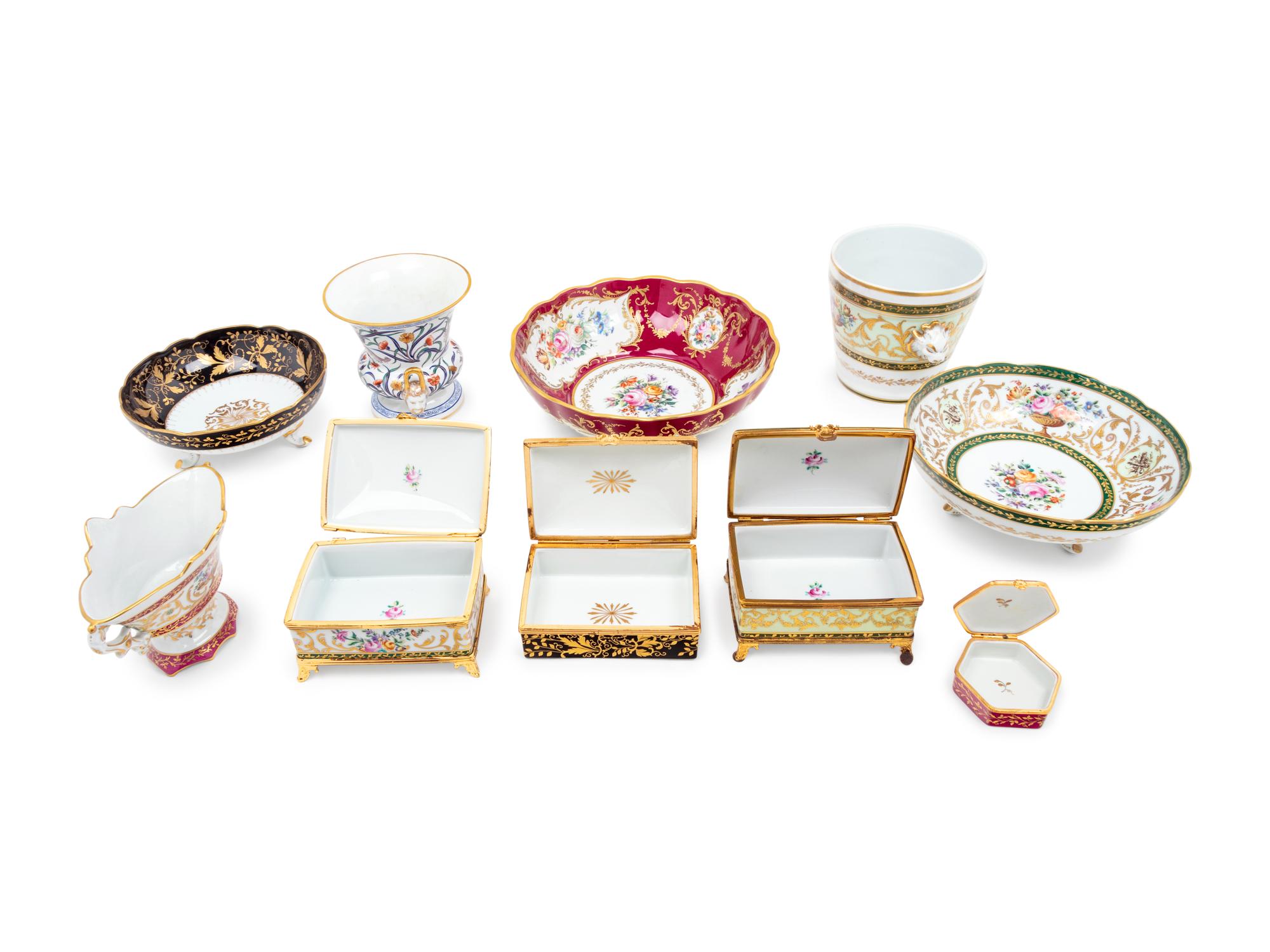 Ten French Painted and Parcel Gilt Porcelain Articles