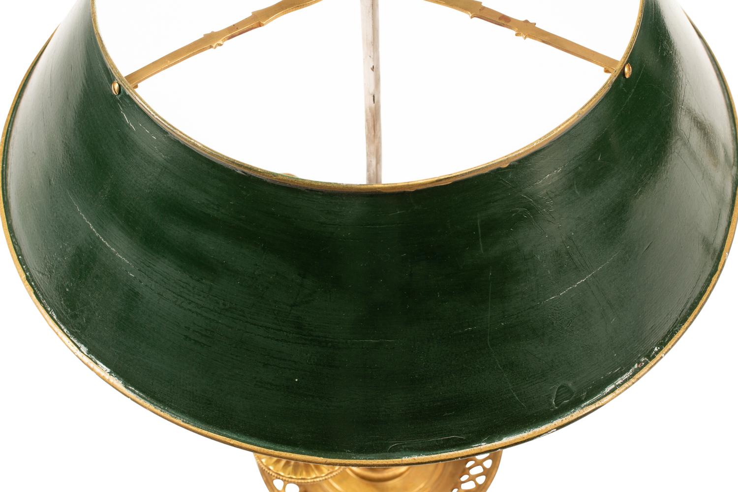 A Pair of French Gilt Bronze Bouillotte Lamps with Tole Shades