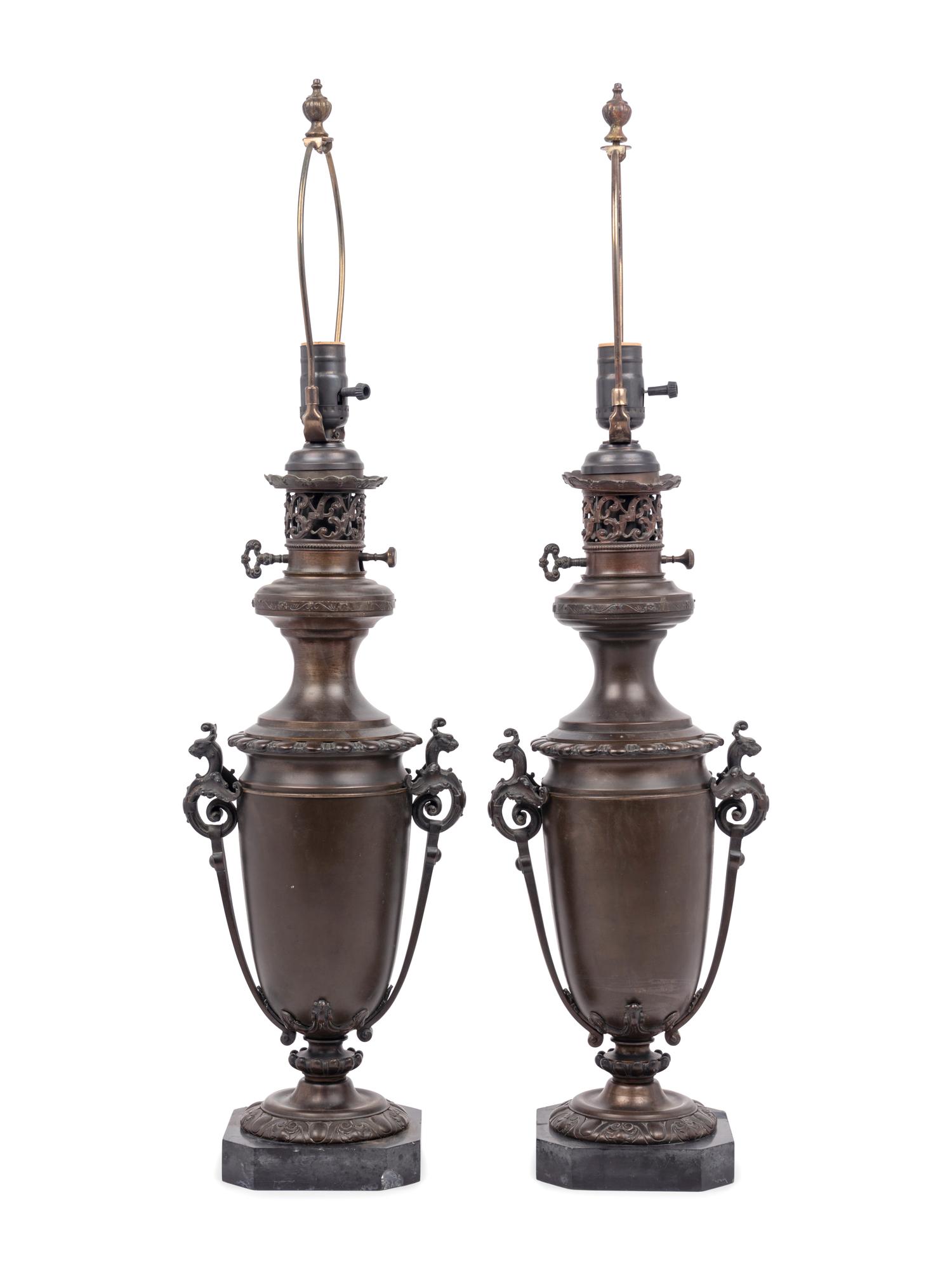 A Pair of French Neoclassical Bronze Fluid Lamps Converted to Electricity