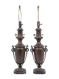 A Pair of French Neoclassical Bronze Fluid Lamps Converted to Electricity