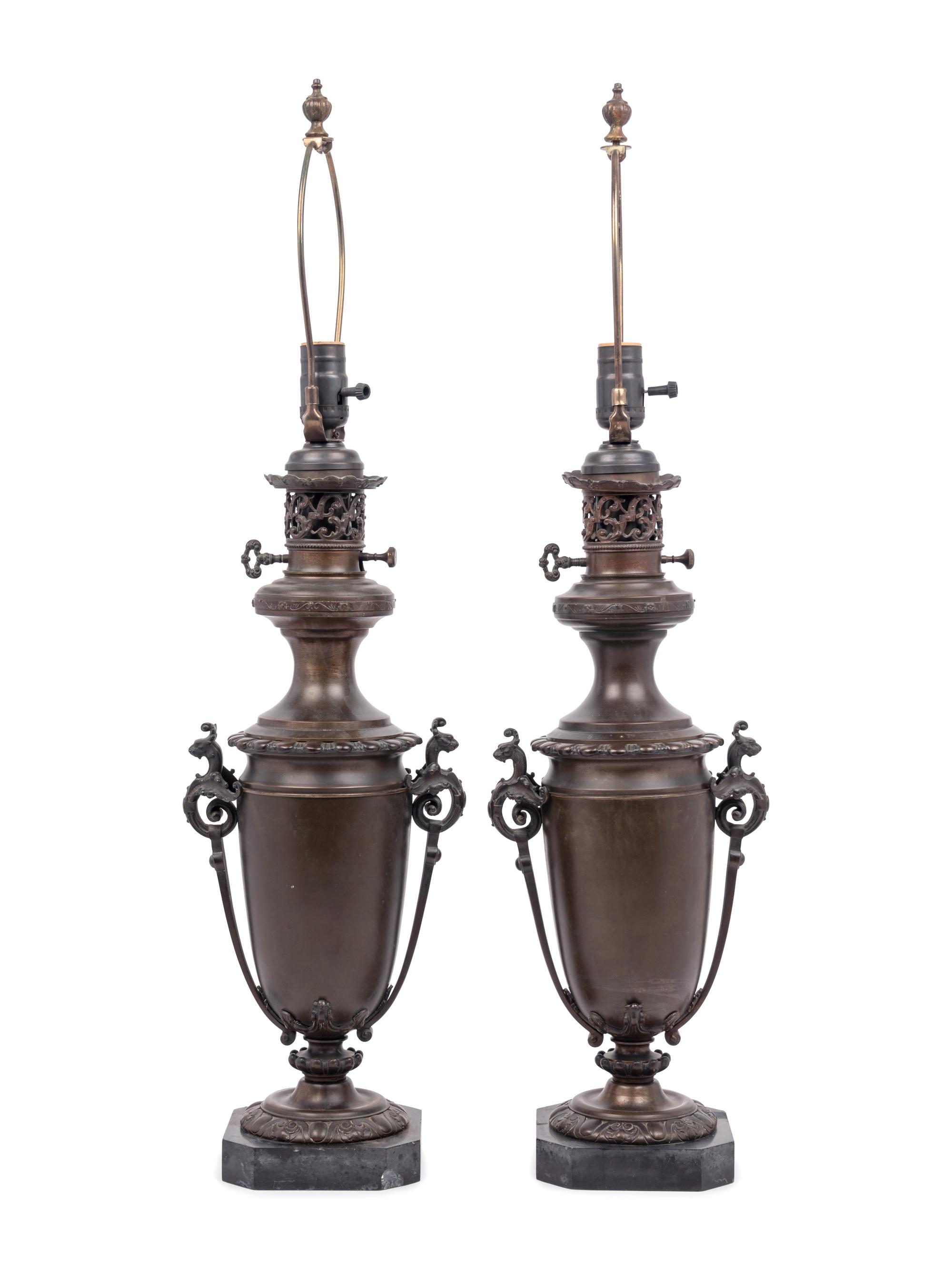 A Pair of French Neoclassical Bronze Fluid Lamps Converted to Electricity