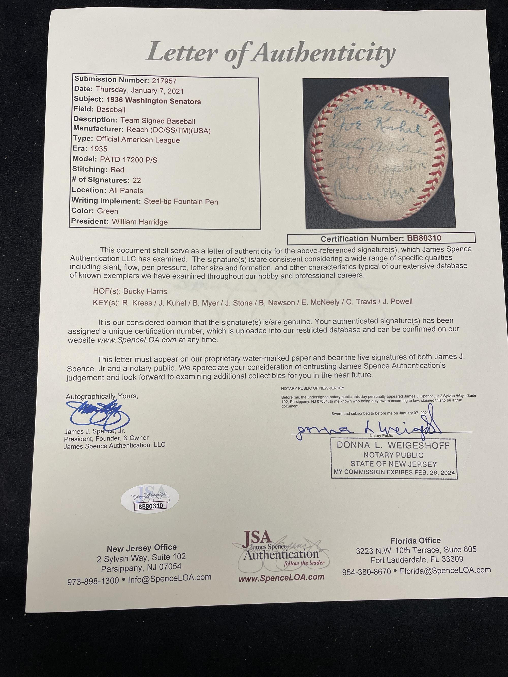 A 1936 Washington Senators Team Signed Autograph Baseball Featuring Bucky Harris (JSA Letter of Authenticity),