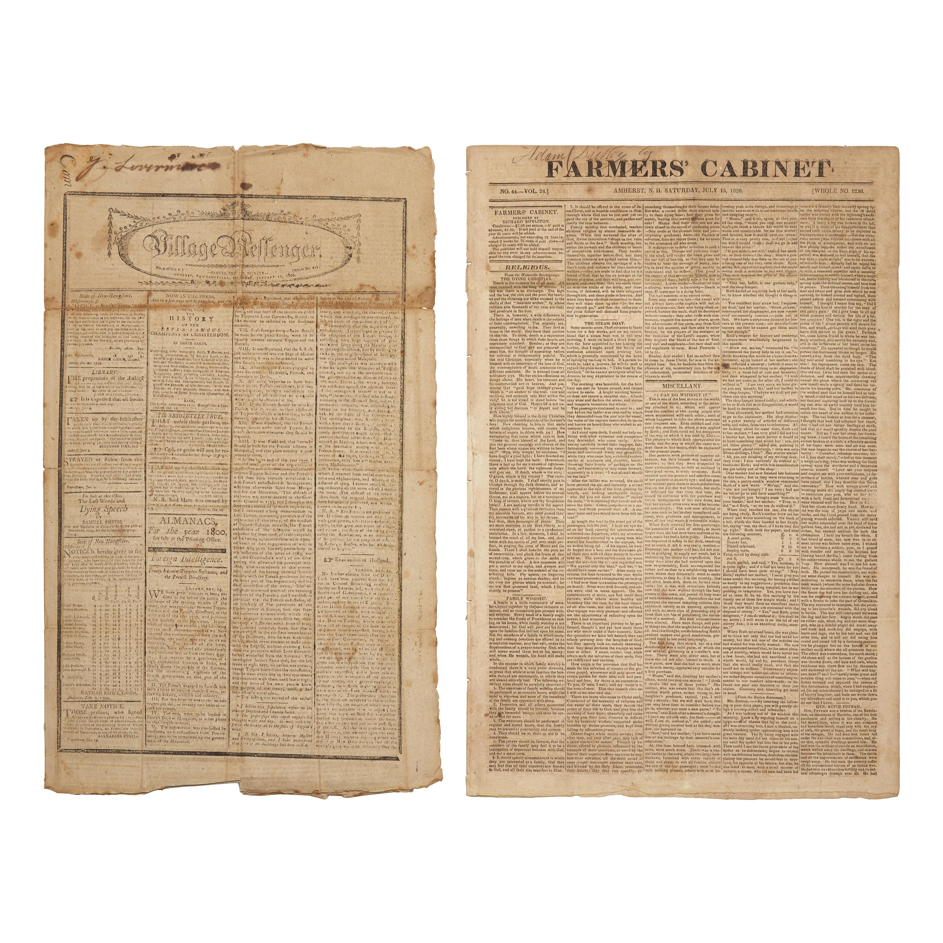 [American Newspapers] Group of 2 Newspapers Reporting the Deaths the First Three Presidents of the United States